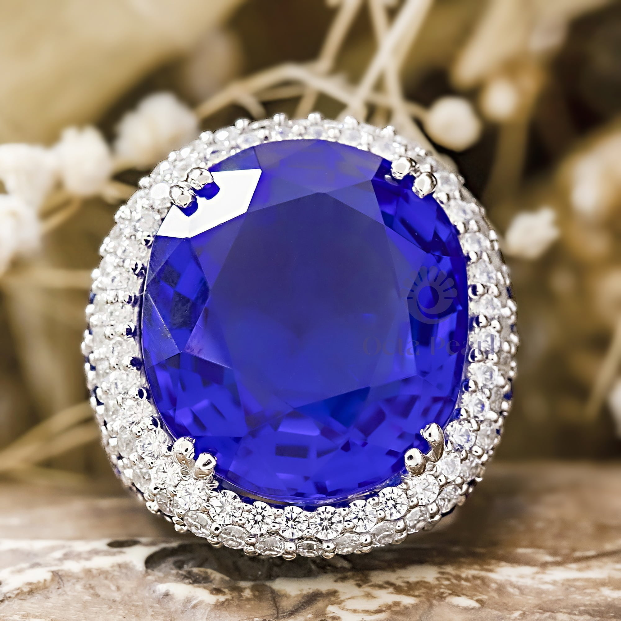 23x19 MM Large Sapphire Blue Oval With Round Cut CZ Stone Party Wear Cocktail Ring For Women