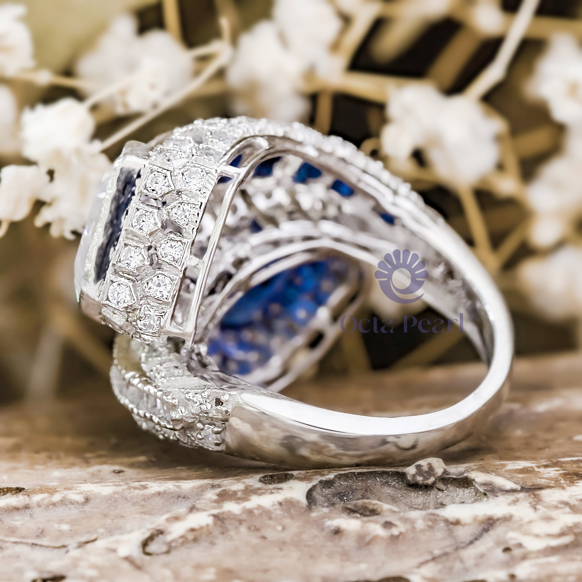 Blue Sapphire & White Fancy Cut With Baguette Cut CZ Stone Bypass Shank- Channel Setting Art Deco Ring