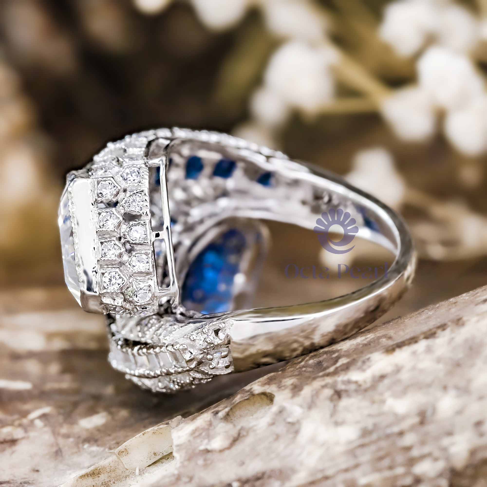 Blue Sapphire & White Fancy Cut With Baguette Cut CZ Stone Bypass Shank- Channel Setting Art Deco Ring