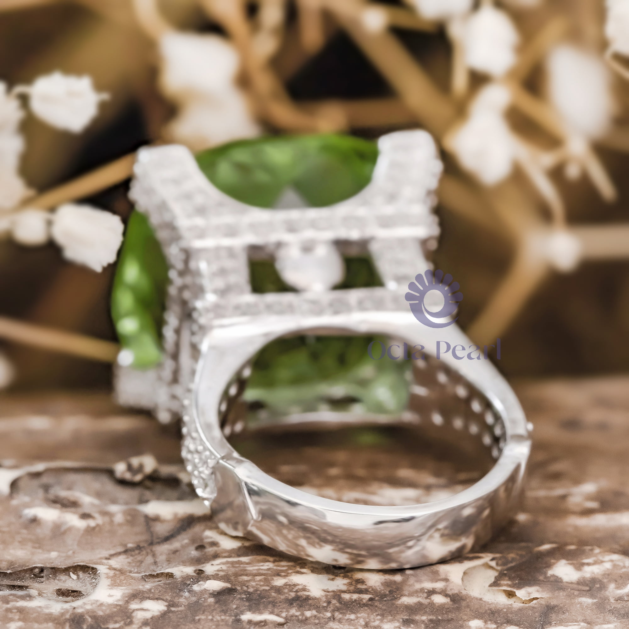16 MM Green Cushion Cut CZ Stone The Eiffel Tower Wedding Engagement Ring For Ladies