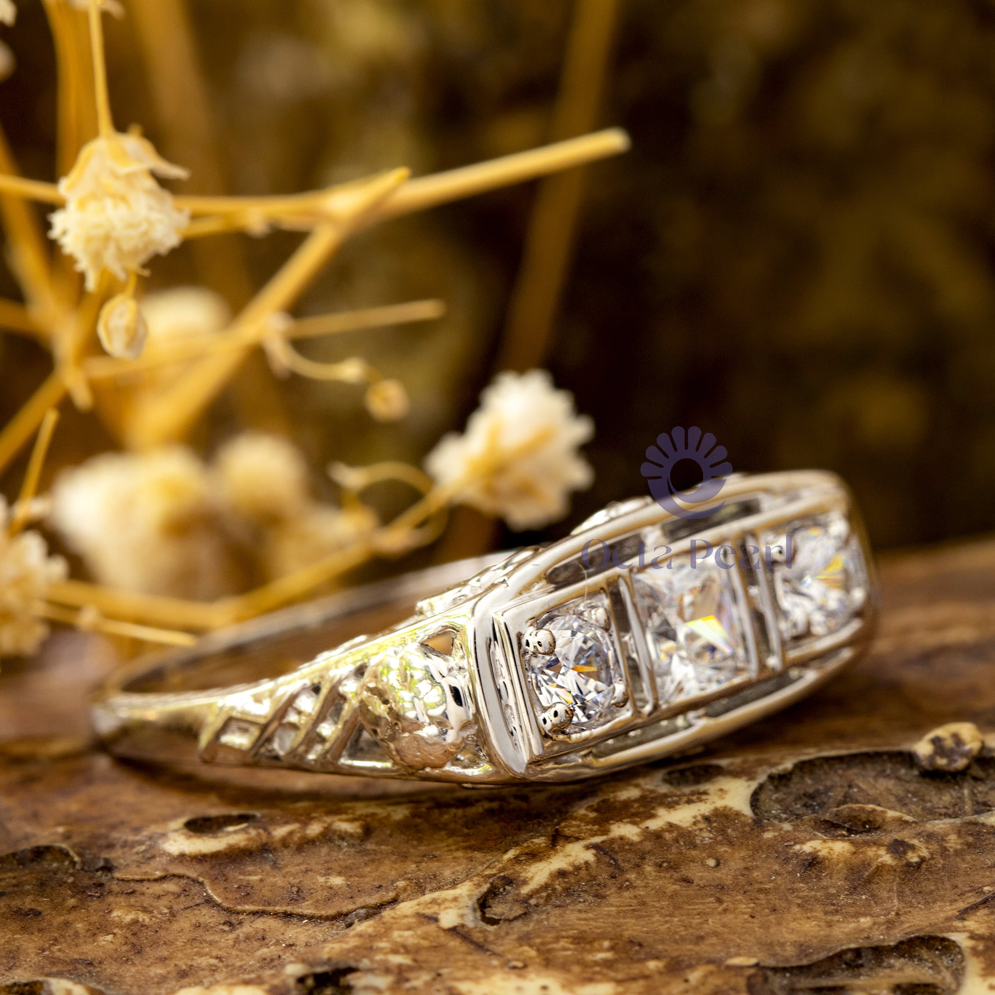 Princess Or Round Cut CZ Stone Three Stone Floral Motif Art Deco Vintage Engagement Ring ( 5/6 TCW)