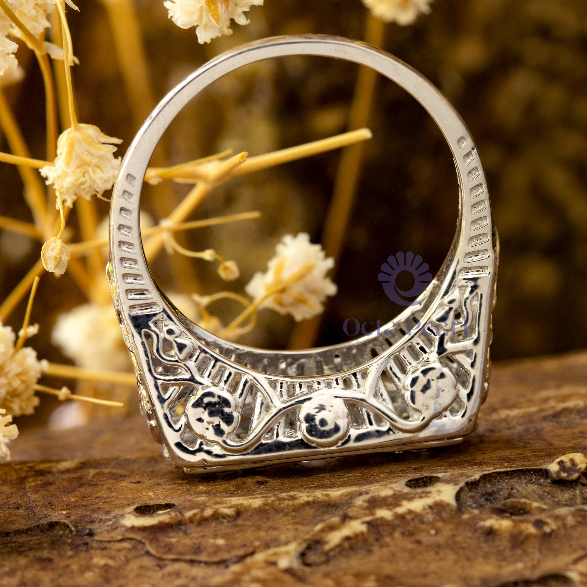 Princess Or Round Cut CZ Stone Three Stone Floral Motif Art Deco Vintage Engagement Ring ( 5/6 TCW)