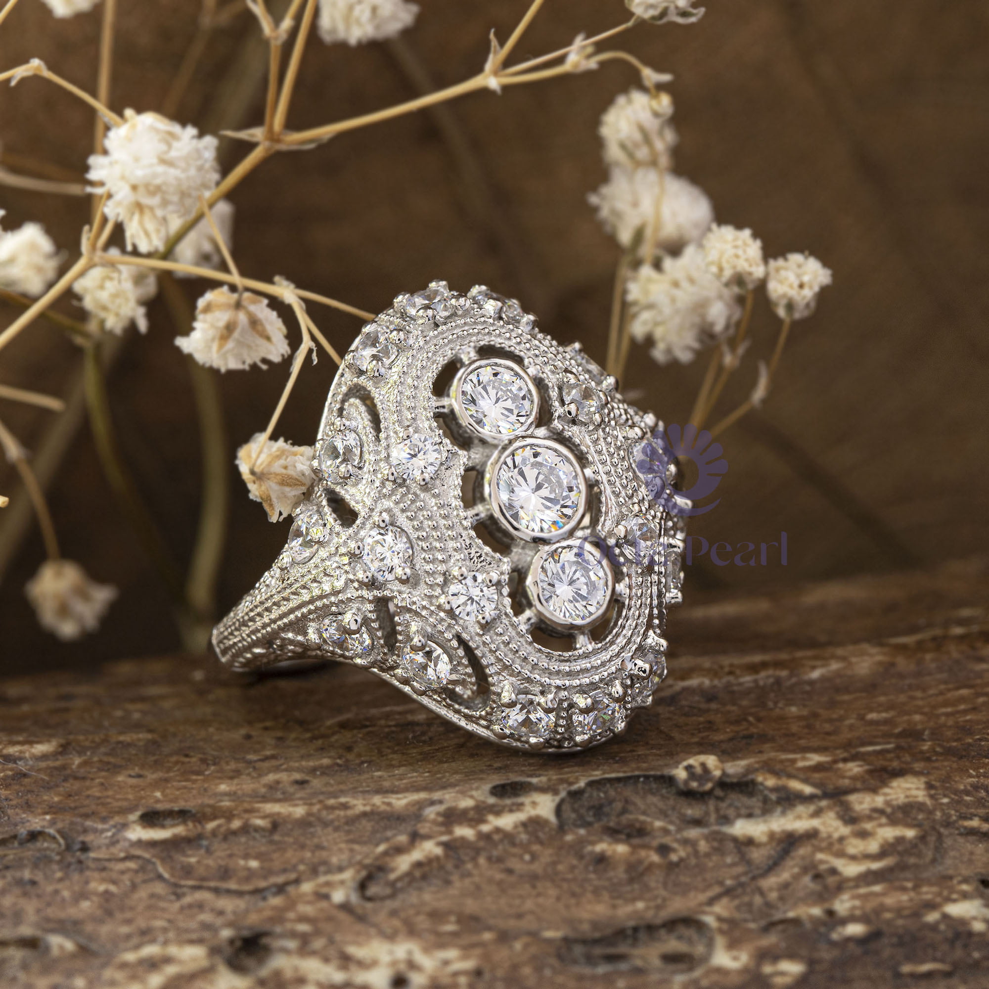 Art Deco 4.20 MM Round Cut Moissanite Bezel Set Three Stone Milgrain Vintage Navette Ring For Wedding
