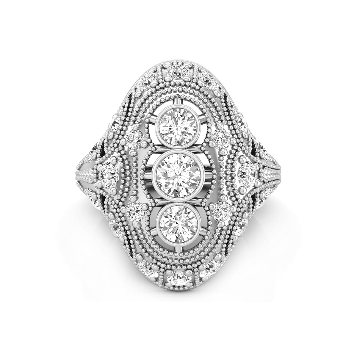 Art Deco 4.20 MM Round Cut Moissanite Bezel Set Three Stone Milgrain Vintage Navette Ring For Wedding