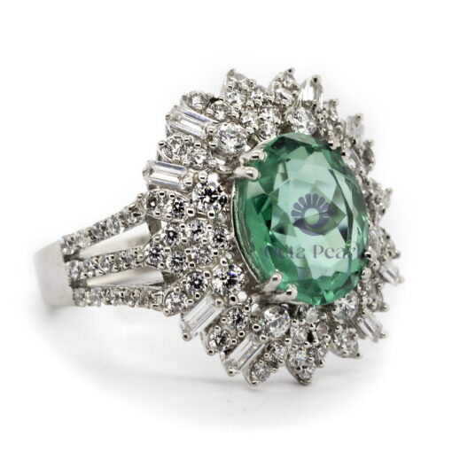 Green Oval Cut CZ Stone Wedding Engagement Sunburst Ring For Women
