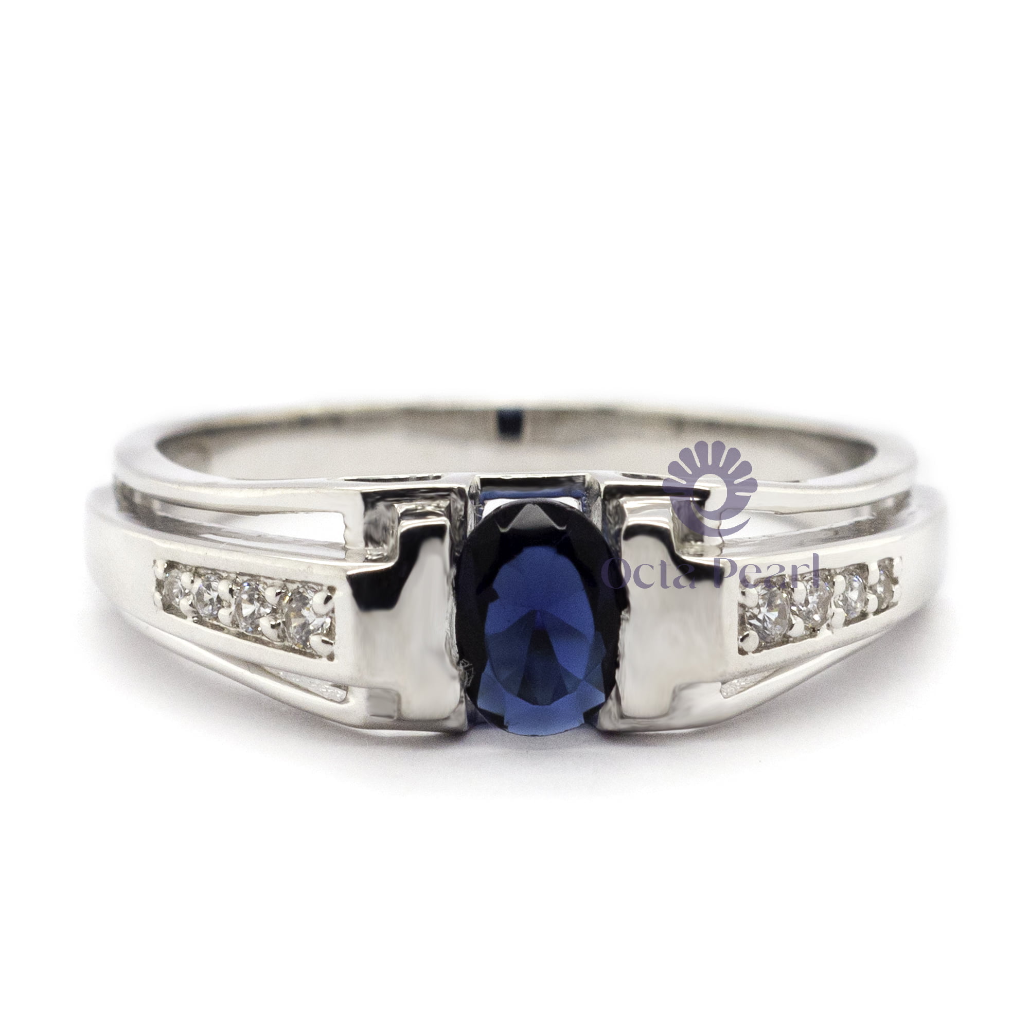 6.30X5.30 MM Tension Set Blue Sapphire Oval With CZ Round Stone Men's Ring Father's Day Gift