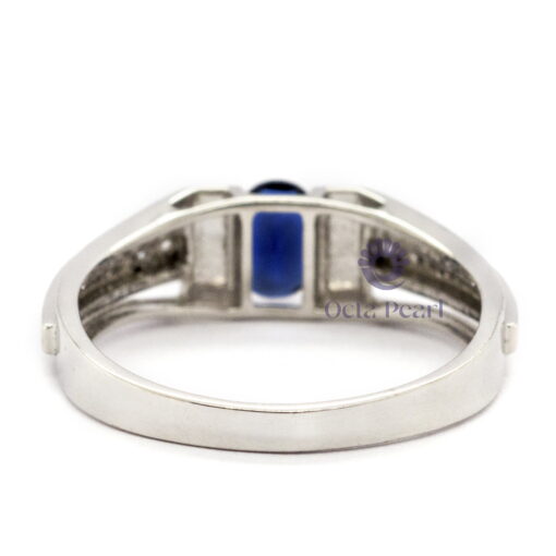 Blue Sapphire Oval With CZ Round Stone Men's Ring Father's Day Gift