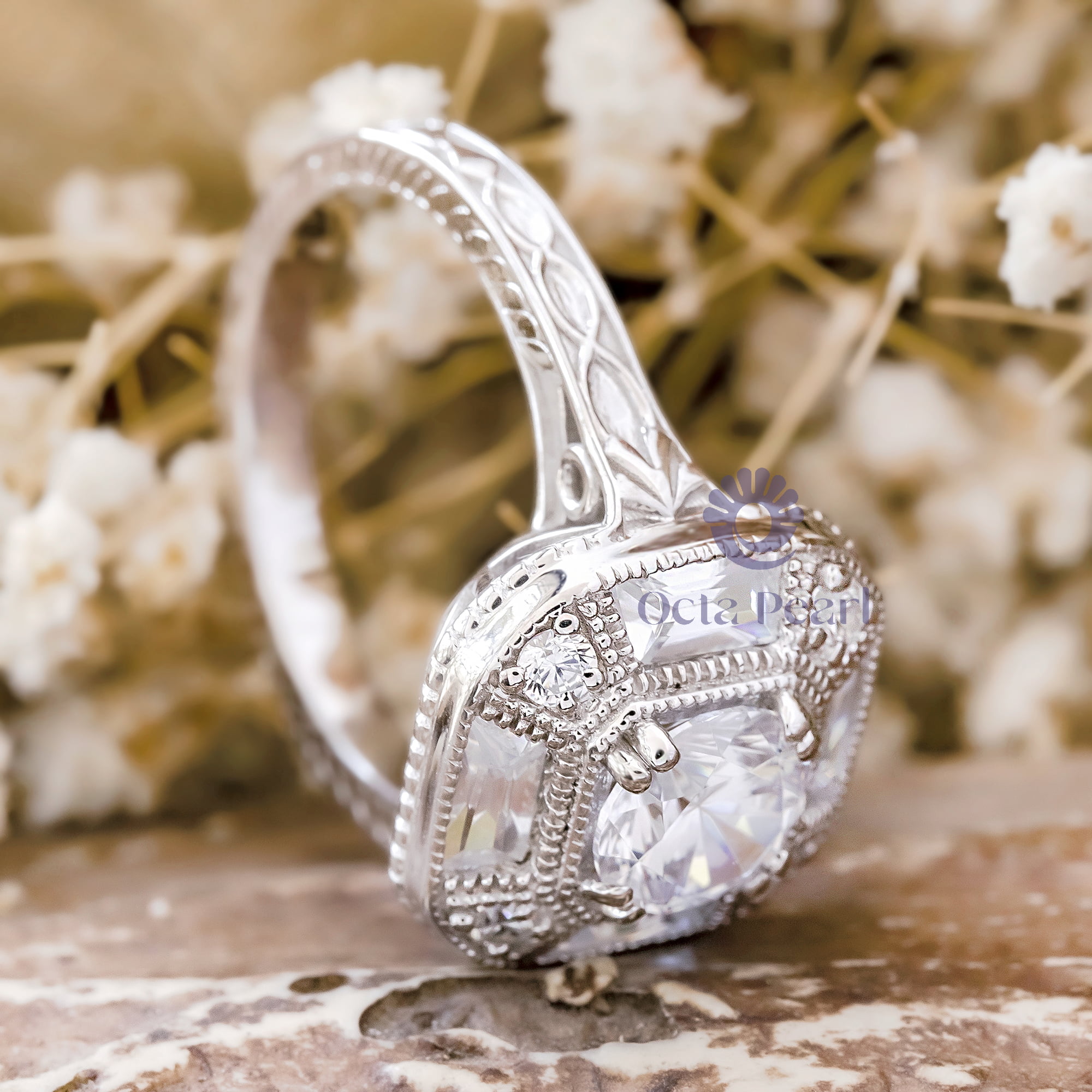 Round & Baguette Cut CZ Stone Halo Set Vintage Art Deco Wedding Engagement Gift Ring