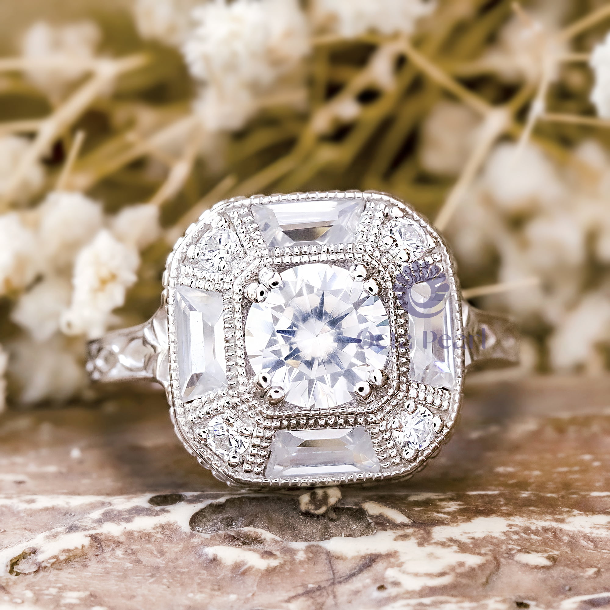 Round & Baguette Cut CZ Stone Halo Set Vintage Art Deco Wedding Engagement Gift Ring