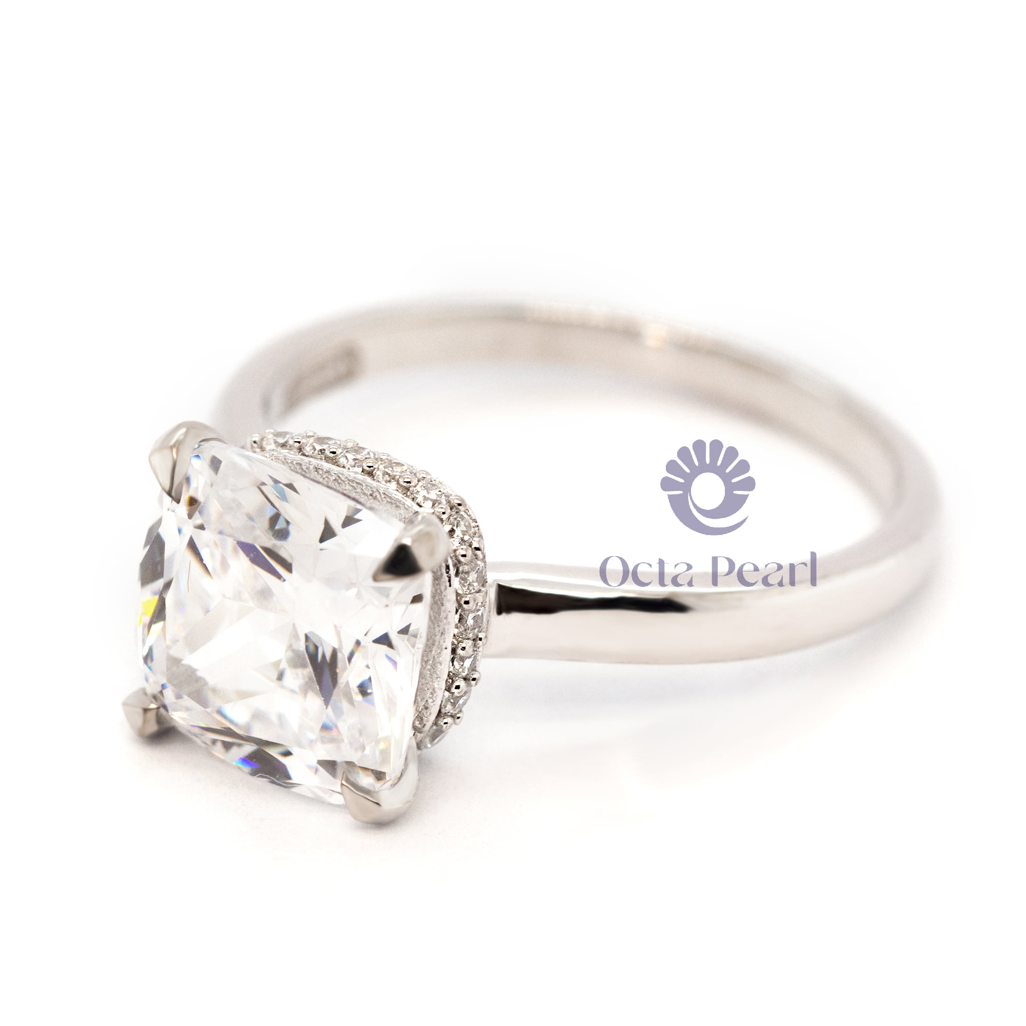 White Cushion Cut Moissanite Hidden Halo Set Solitaire Engagement Proposal Ring (4 1/4 TCW )