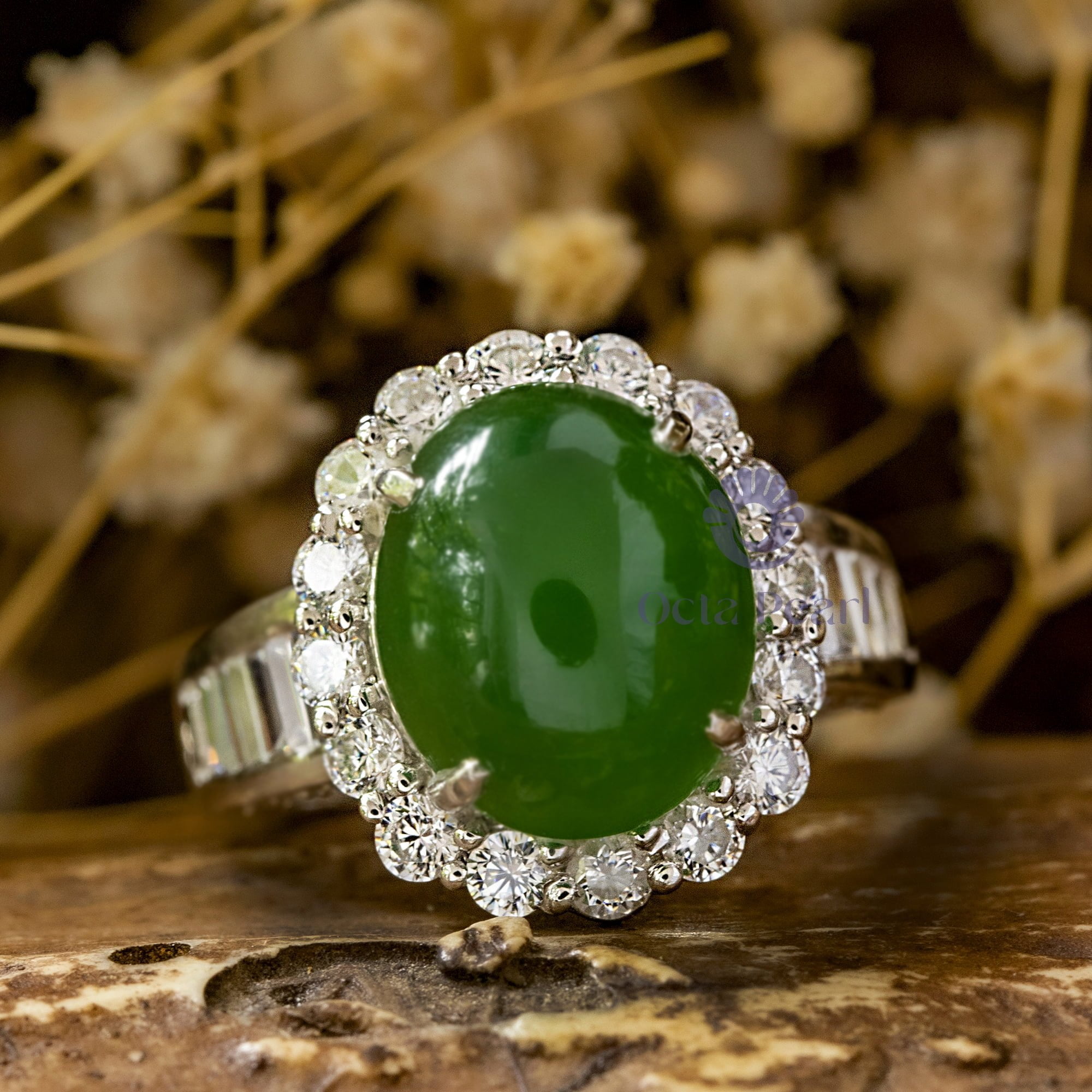11X9 MM Oval Shape Green Cabochon With Round CZ Halo & Channel Setting Cocktail Party Wear Ring
