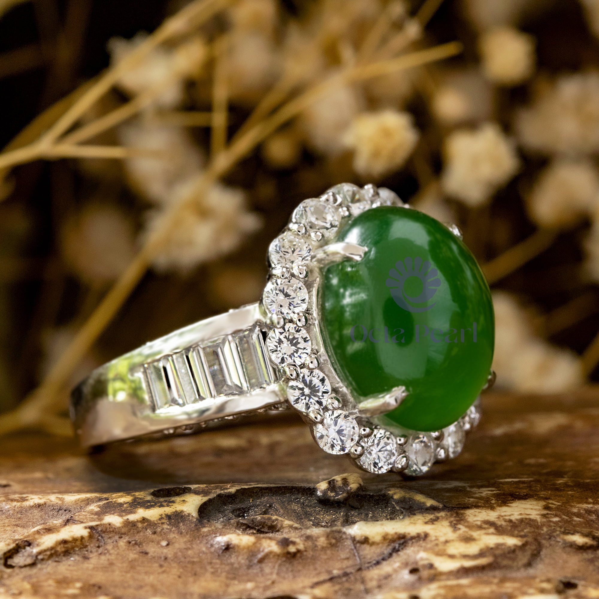 11X9 MM Oval Shape Green Cabochon With Round CZ Halo & Channel Setting Cocktail Party Wear Ring