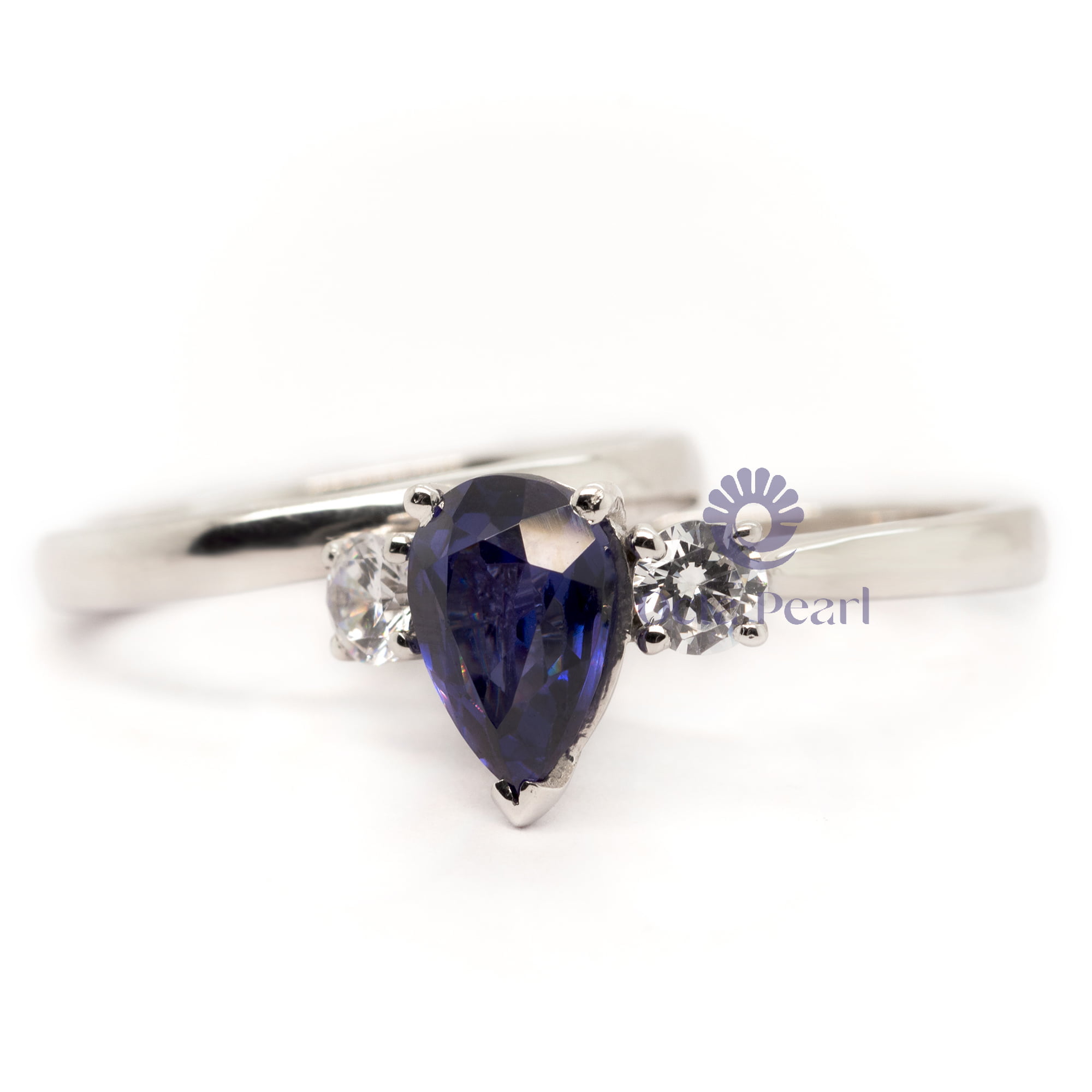 10x8 MM Blue Sapphire Pear & Round Cut CZ Three Stone 2 Piece Wedding Anniversary Ring Set