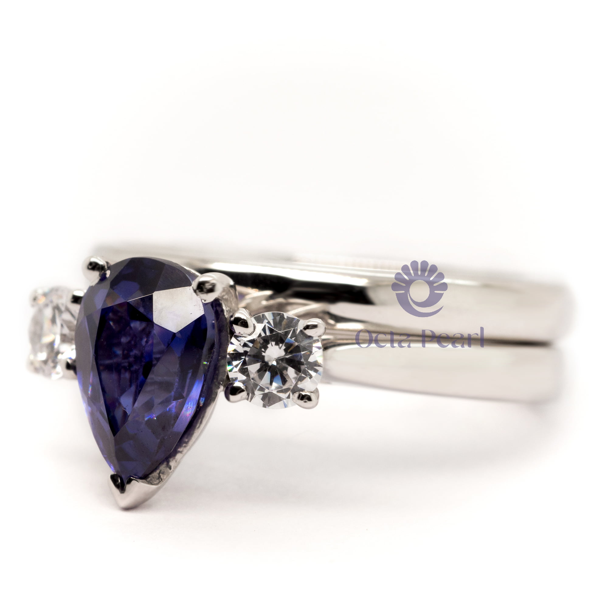 10x8 MM Blue Sapphire Pear & Round Cut CZ Three Stone 2 Piece Wedding Anniversary Ring Set
