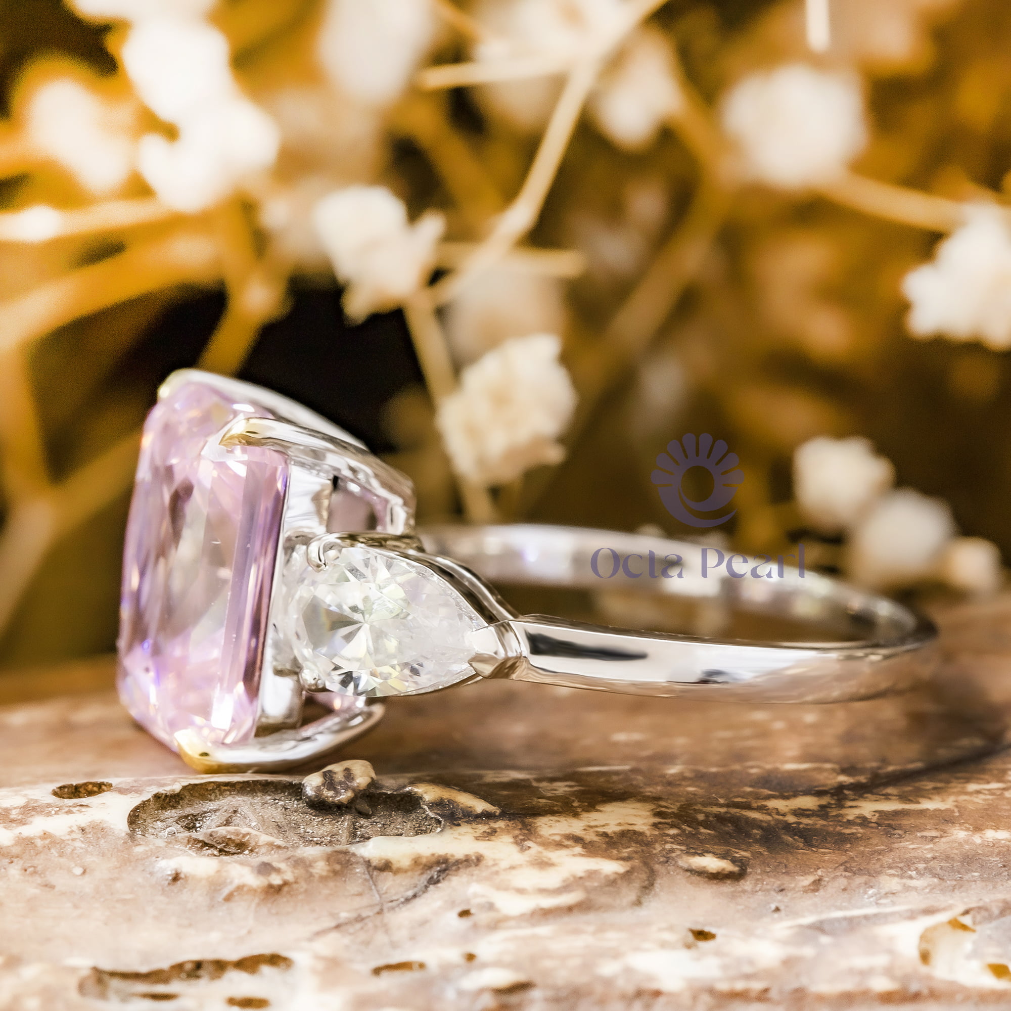 Gorgeous CZ Pink Radiant With Side Pear Three Stone Pre-Wedding Bridal Ring Jewelry (8 2/5 TCW)