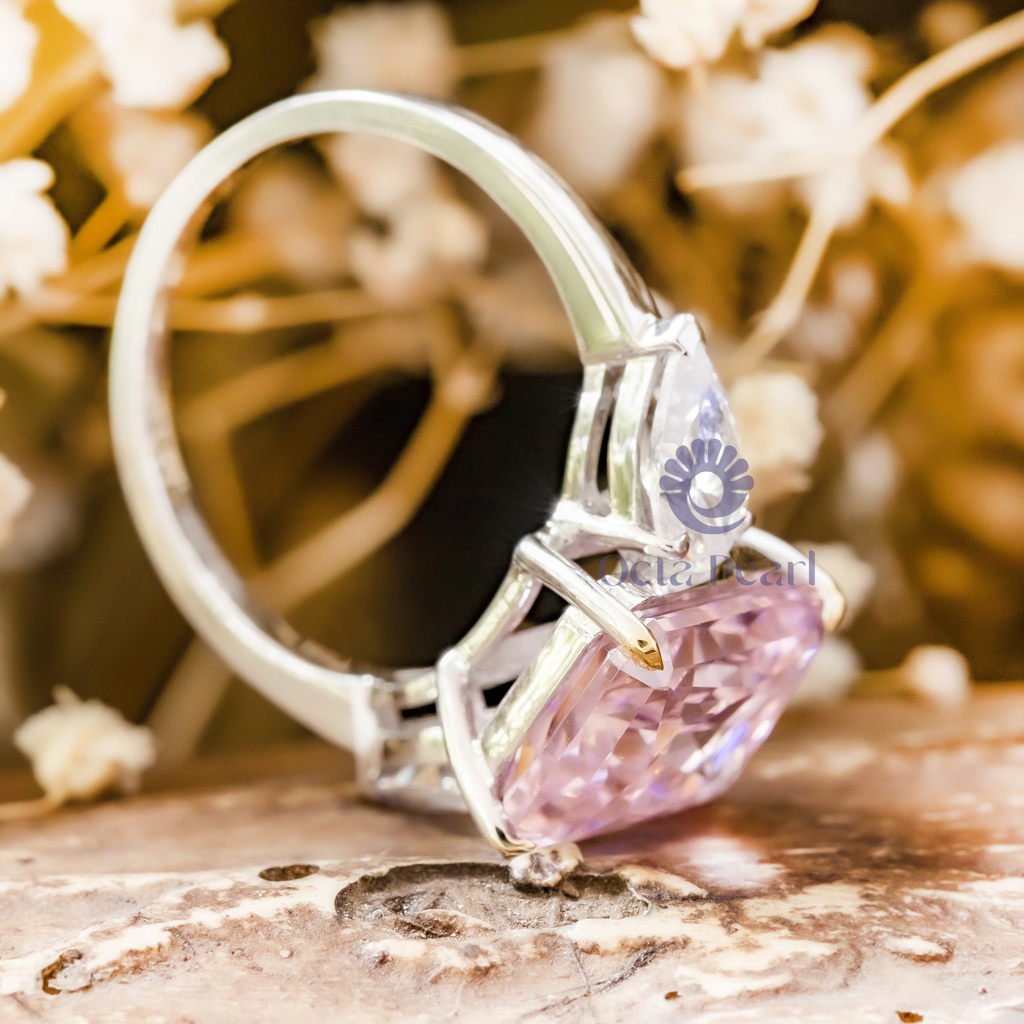 Gorgeous CZ Pink Radiant With Side Pear Three Stone Pre-Wedding Bridal Ring Jewelry (8 2/5 TCW)