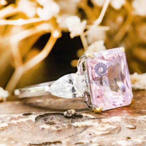 Gorgeous CZ Pink Radiant With Side Pear Three Stone Pre-Wedding Bridal Ring