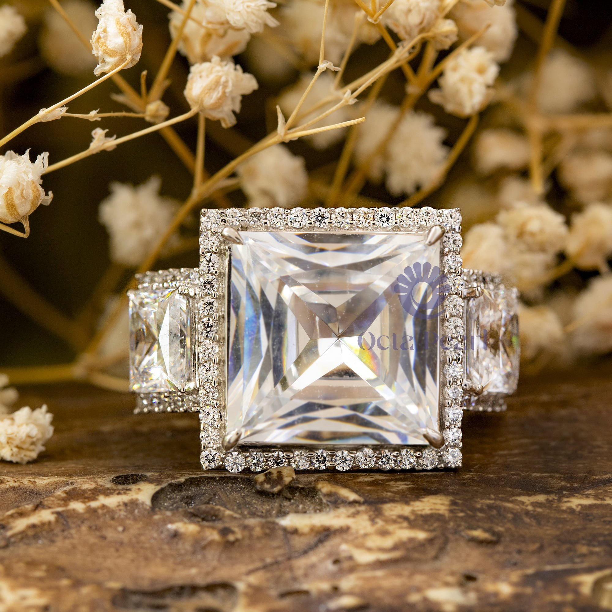 13 MM Princess Cut CZ Three Stone Halo Set Wedding Anniversary Ring For Women