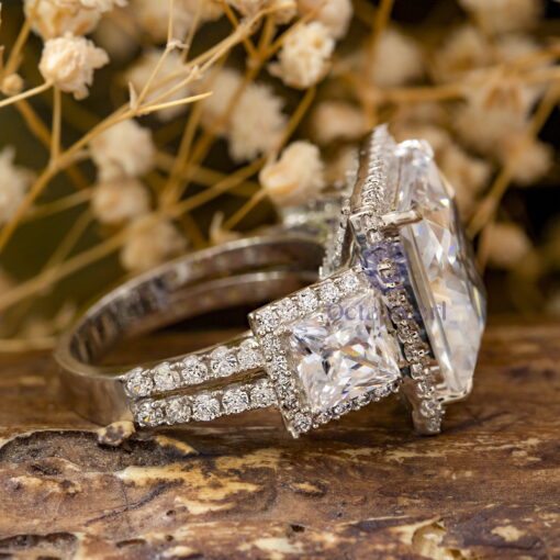 Princess Cut CZ Three Stone Halo Set Wedding Anniversary Ring