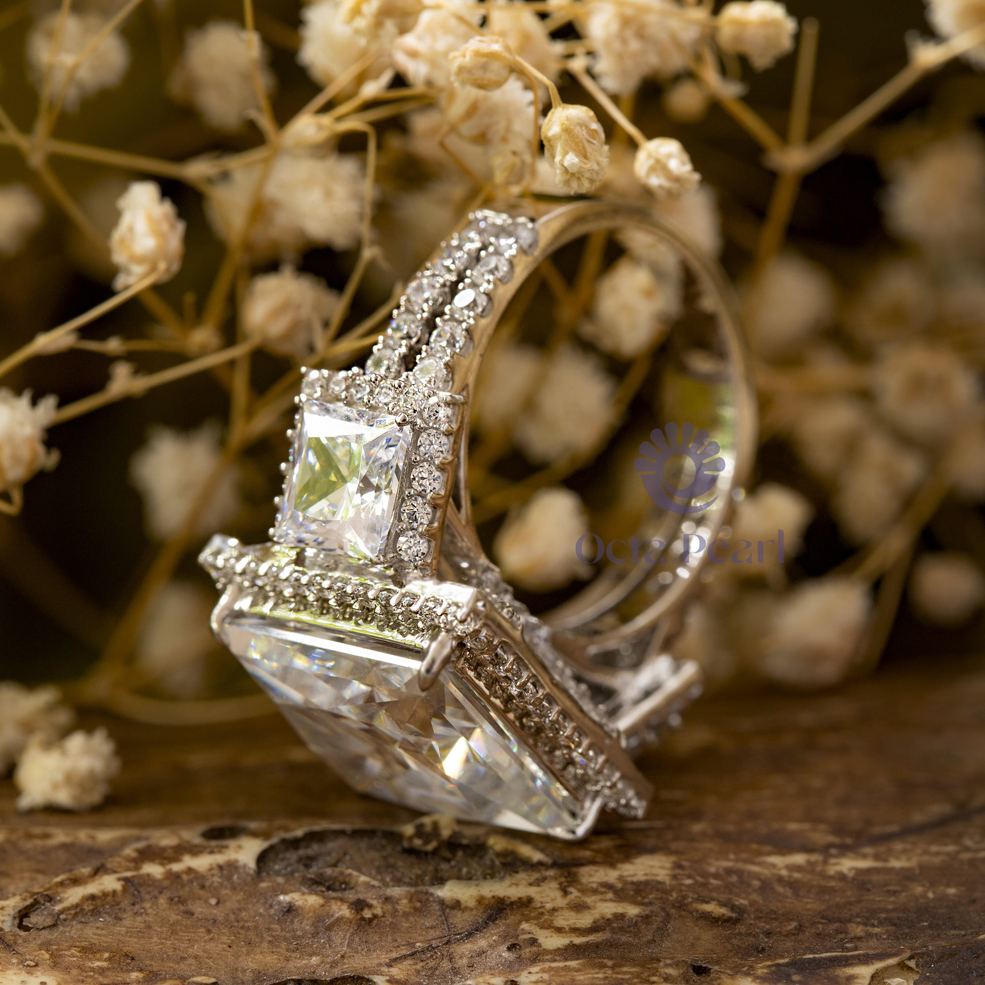 13 MM Princess Cut CZ Three Stone Halo Set Wedding Anniversary Ring For Women