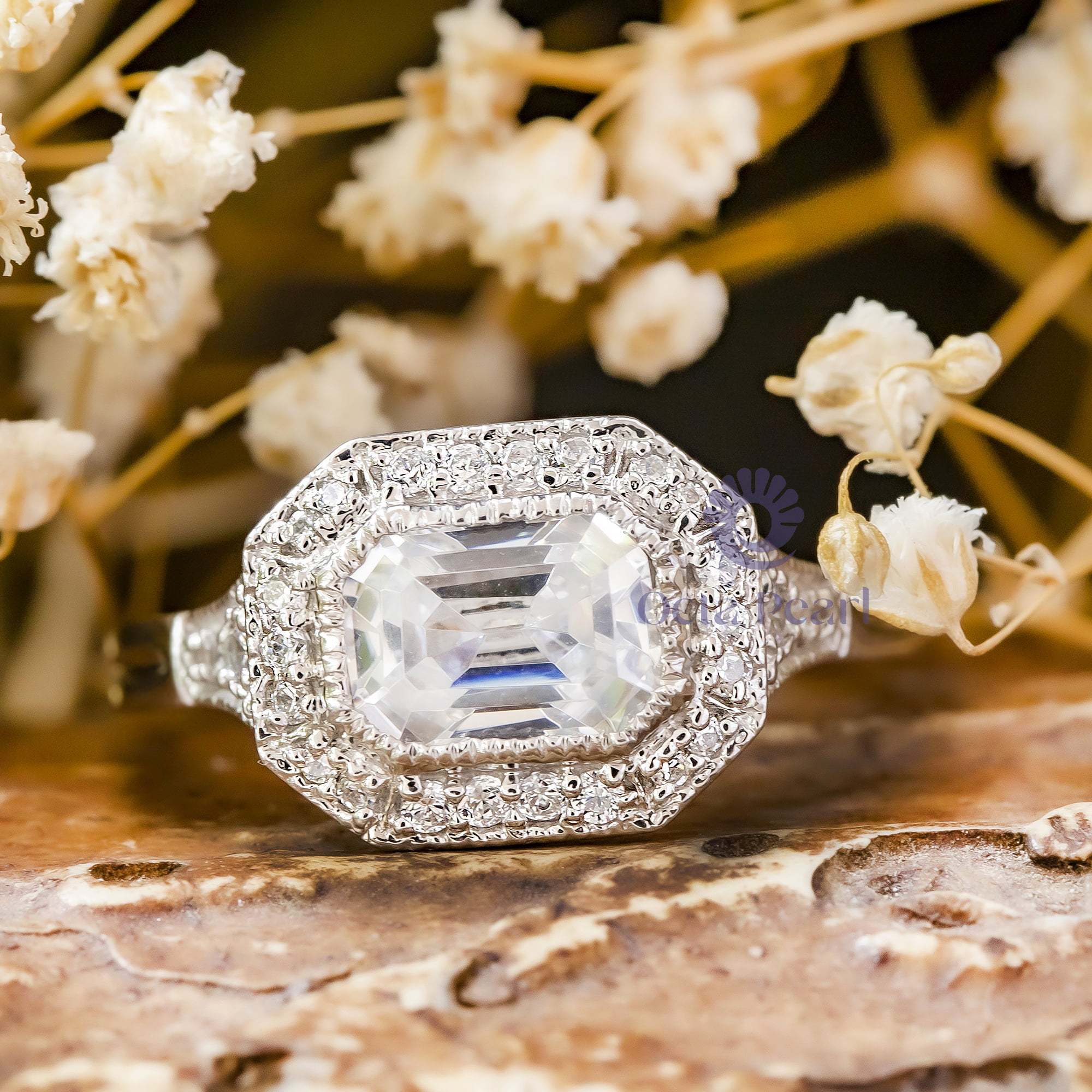 Bezel Set Emerald With Round Cut Moissanite Halo Set Wedding Ring (2 5/8 TCW)