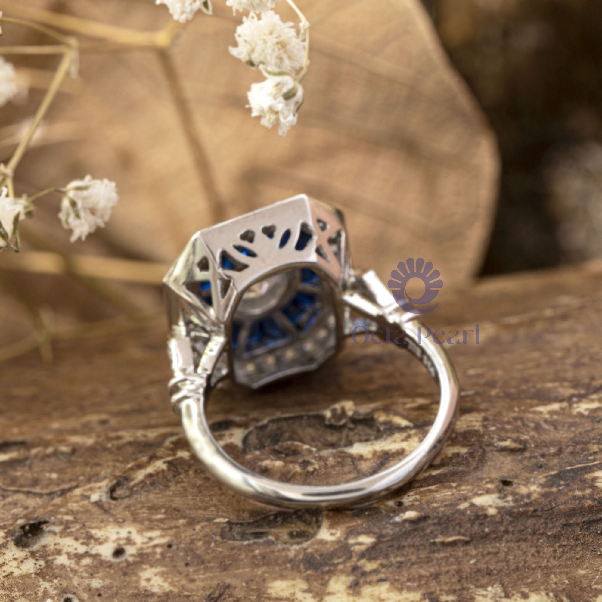 White Round With Blue Sapphire Baguette CZ Stone Bezel Set Halo Art Deco Dinner Ring For Engagement
