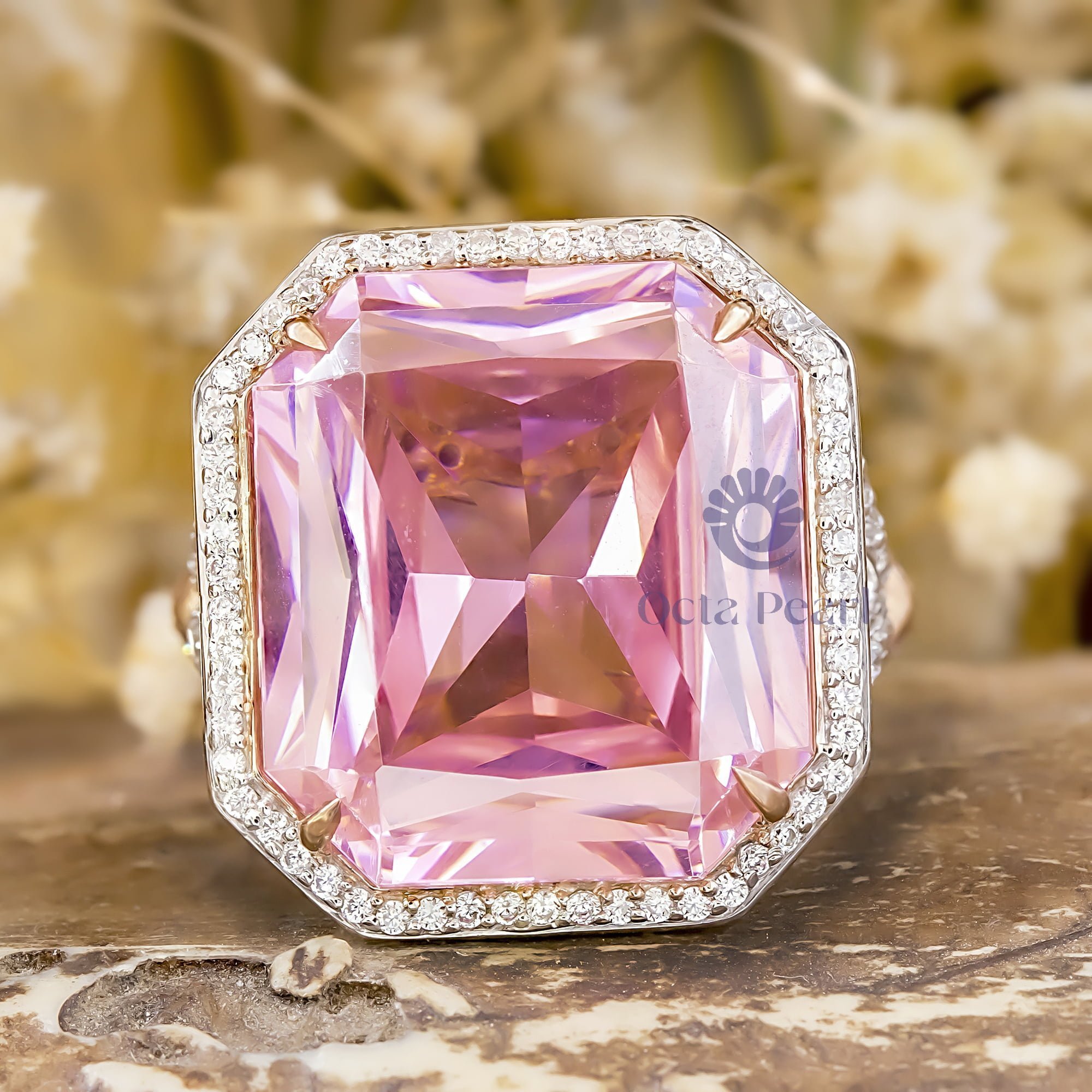 Pink Square Radiant Cut CZ Stone Engagement Ring For Women