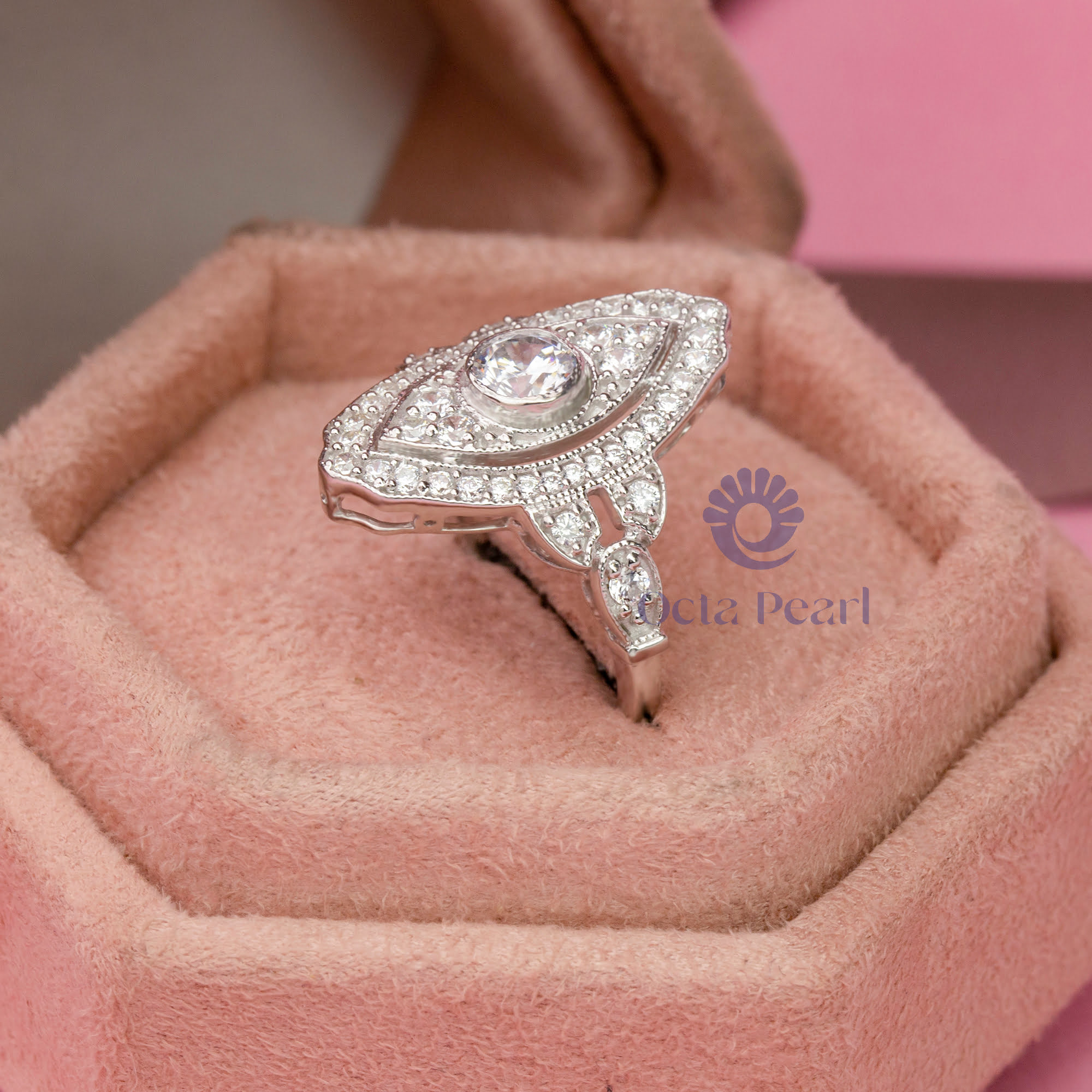 Marquise Motif Round Cut Moissanite Art Deco Wedding Anniversary Gift Ring (1 1/5 TCW)