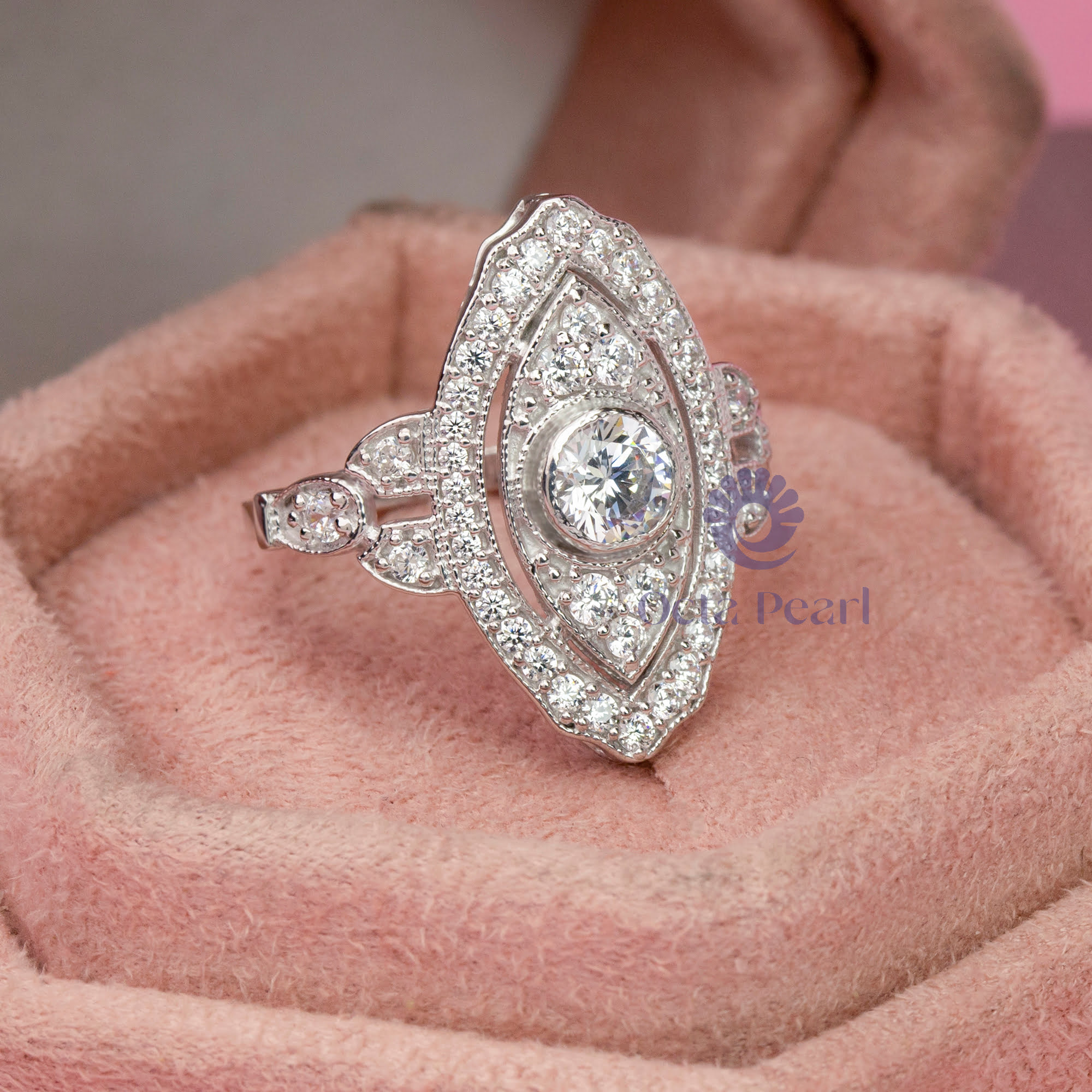 Marquise Motif Round Cut Moissanite Art Deco Wedding Anniversary Gift Ring (1 1/5 TCW)