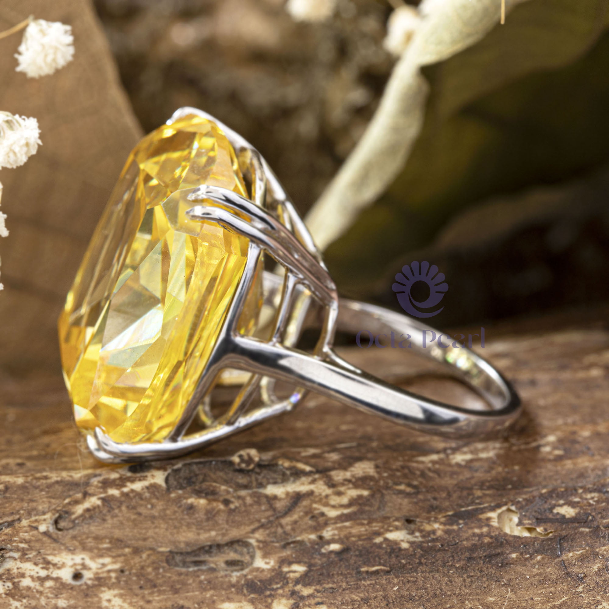 Canary Yellow Cushion Cut CZ Stone Claw Setting Solitaire Engagement Ring