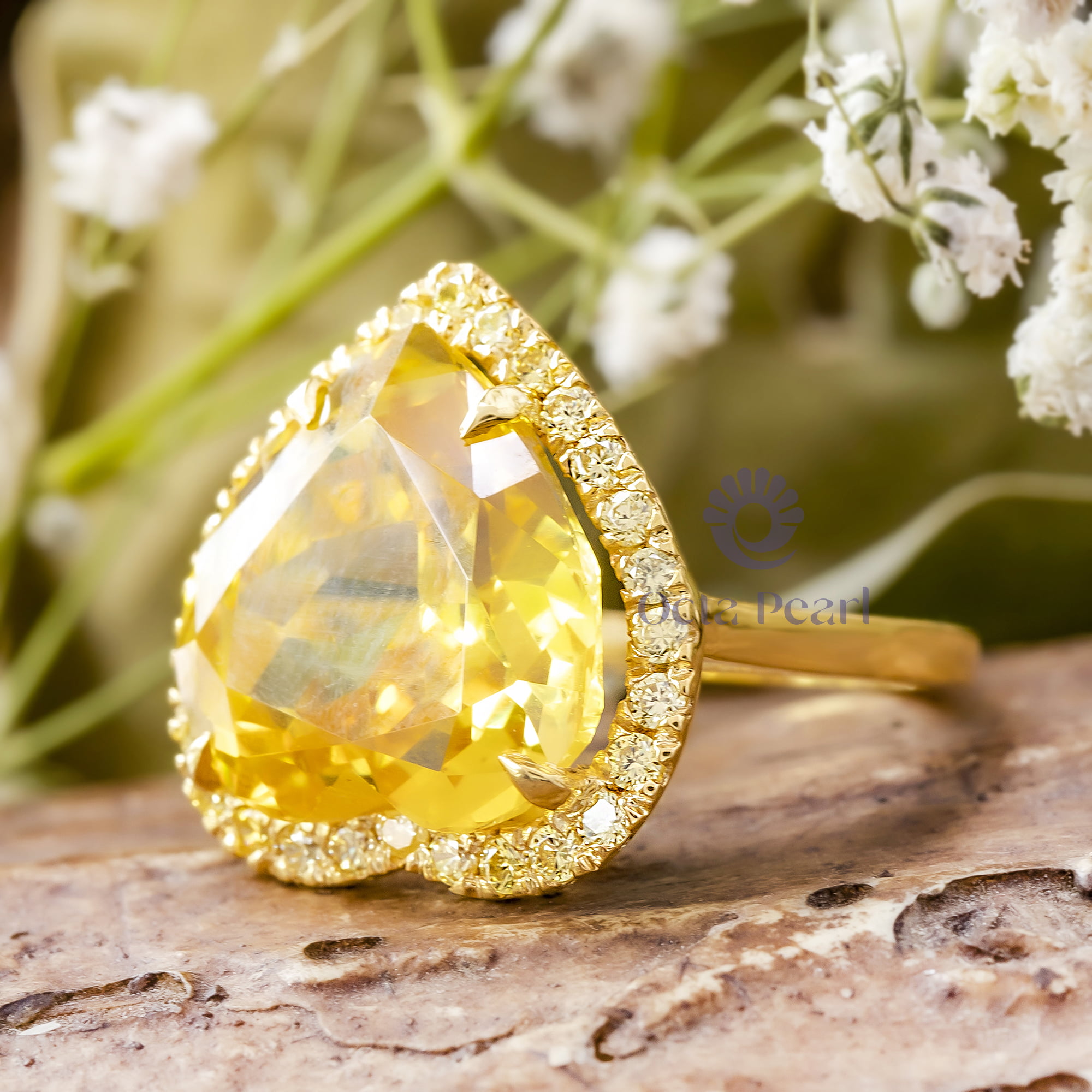 Yellow Canary Heart Cut CZ Stone Halo Party Wear Or Engagement Ring For Women