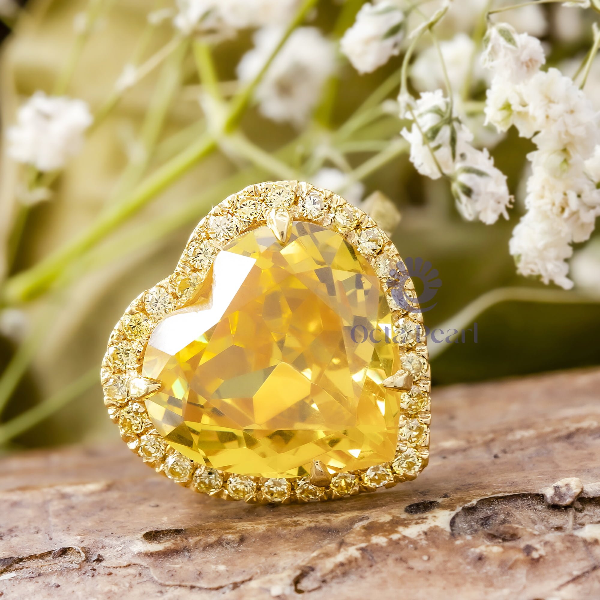 Yellow Canary Heart Cut CZ Stone Halo Party Wear Or Engagement Ring For Women