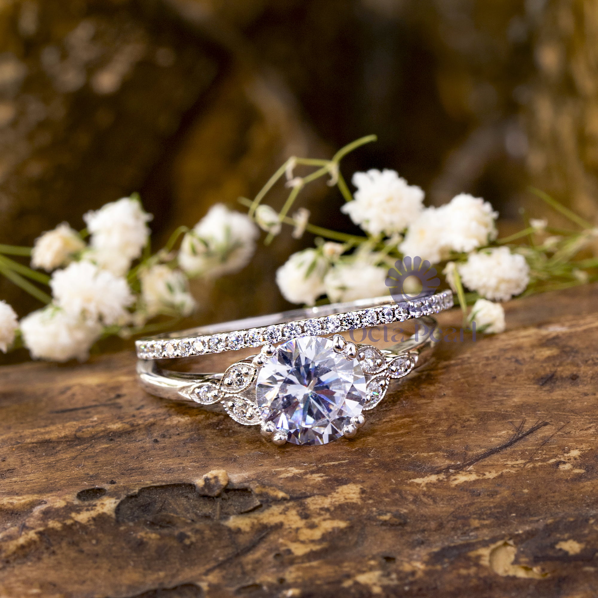 Milgrain Leaf Motif Wedding Engagement Ring Set For Bride