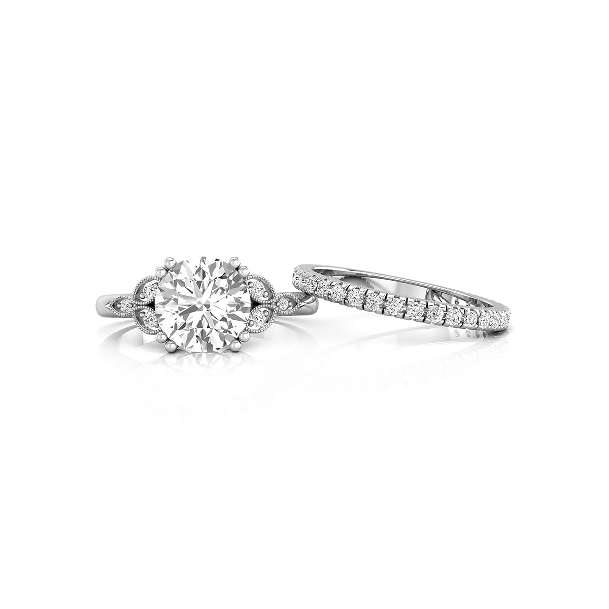 Round Cut Moissanite Milgrain Leaf Motif Wedding Engagement Ring Set For Bride