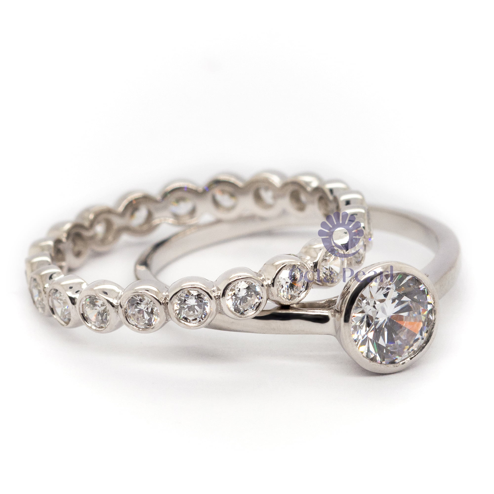Bezel Set Round Cut Moissanite With Eternity Band Ring Set For Her (2 1/7 TCW)