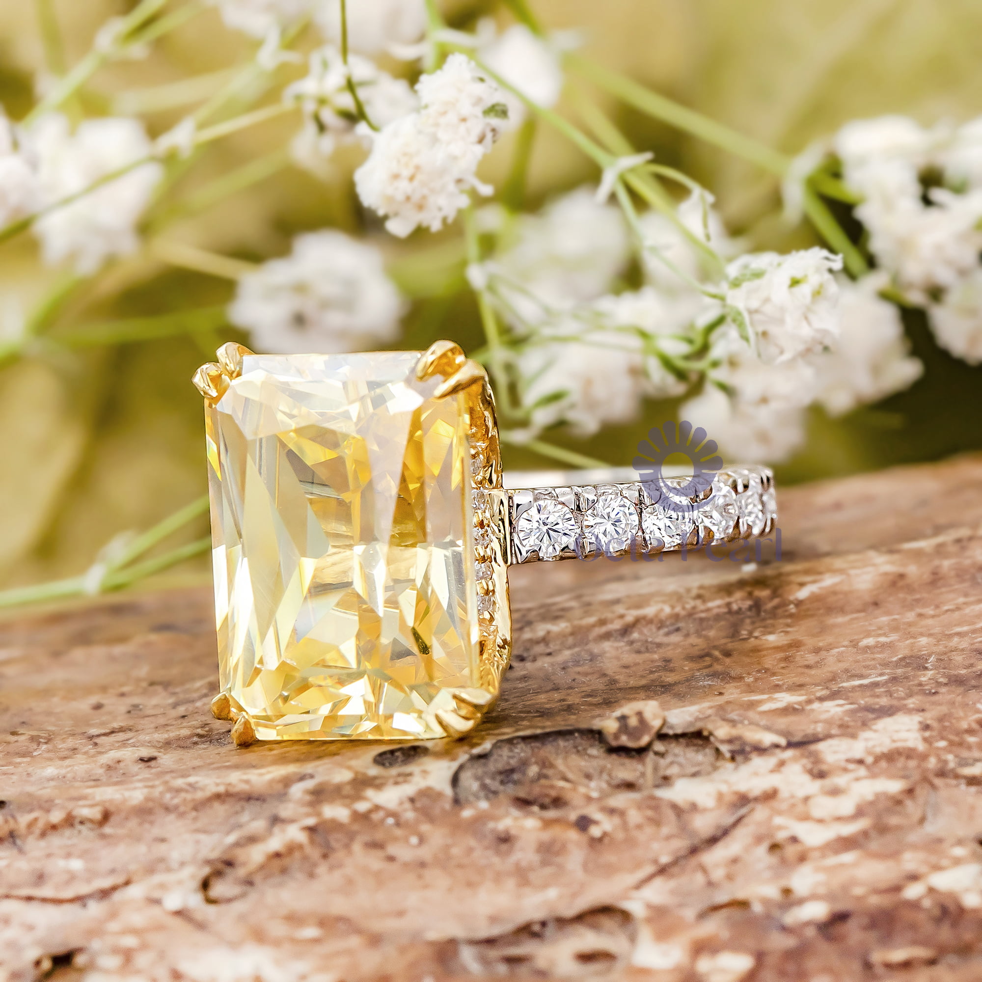 Embellished Yellow Radiant & Round CZ Stone Accents With Hidden Halo Wedding Ring ( 7 2/3 TCW)