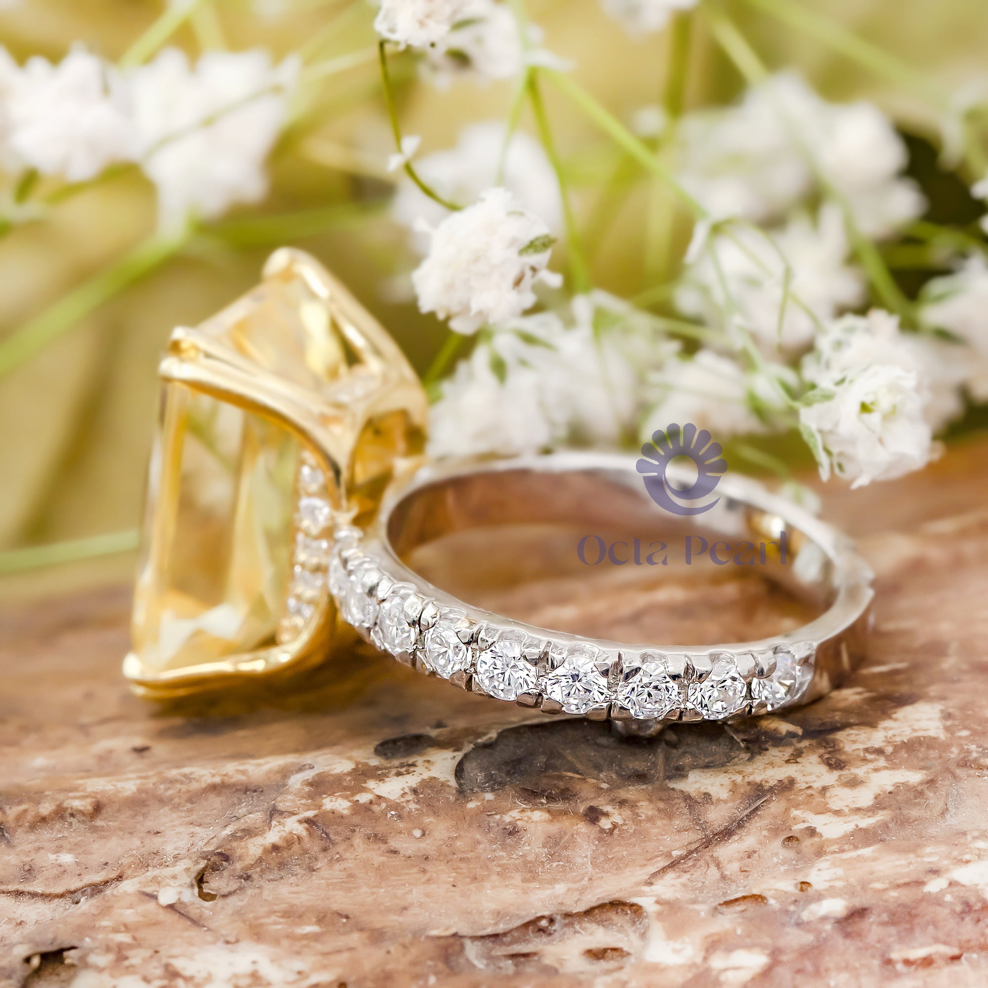 Embellished Yellow Radiant & Round CZ Stone Accents With Hidden Halo Wedding Ring