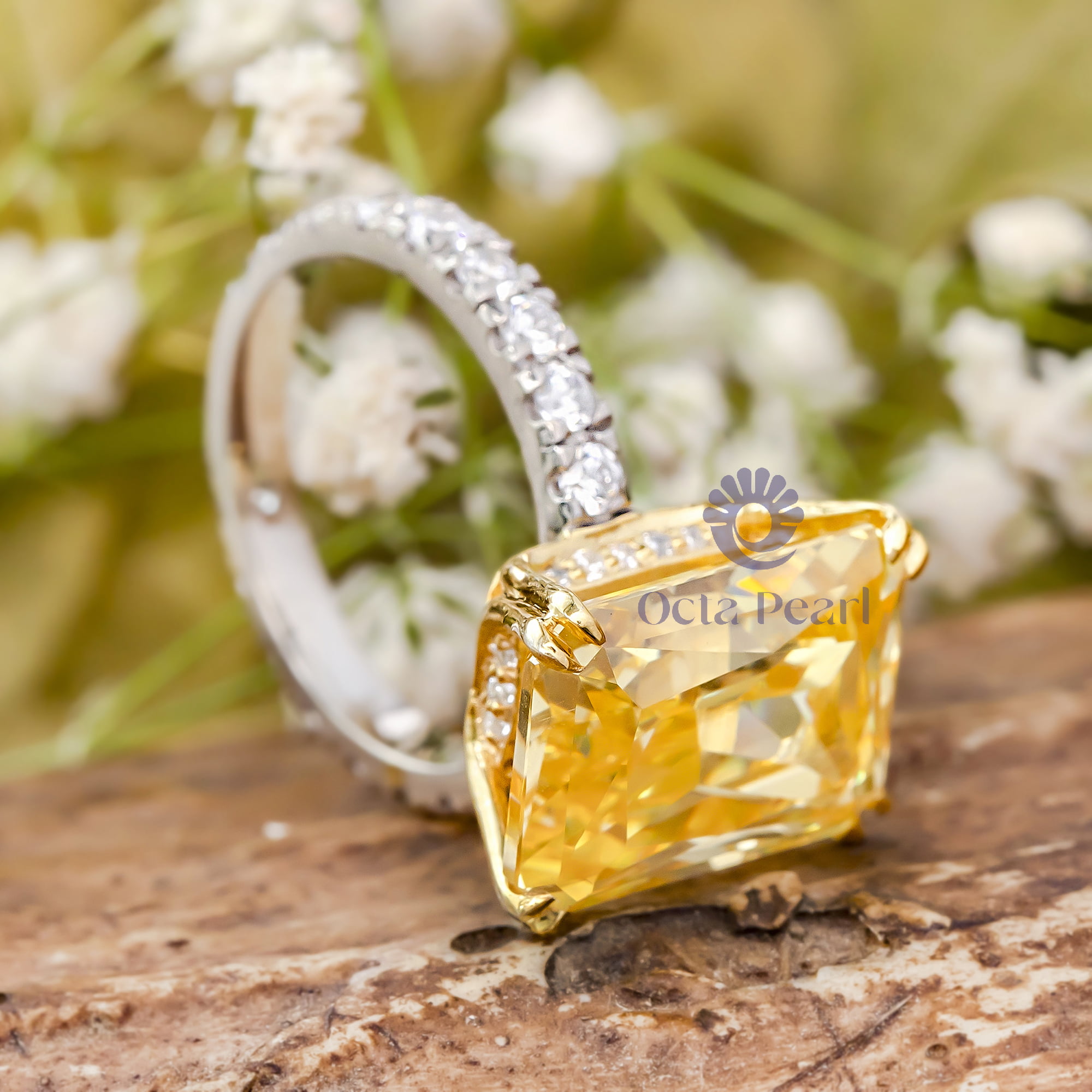 Embellished Yellow Radiant & Round CZ Stone Accents With Hidden Halo Wedding Ring
