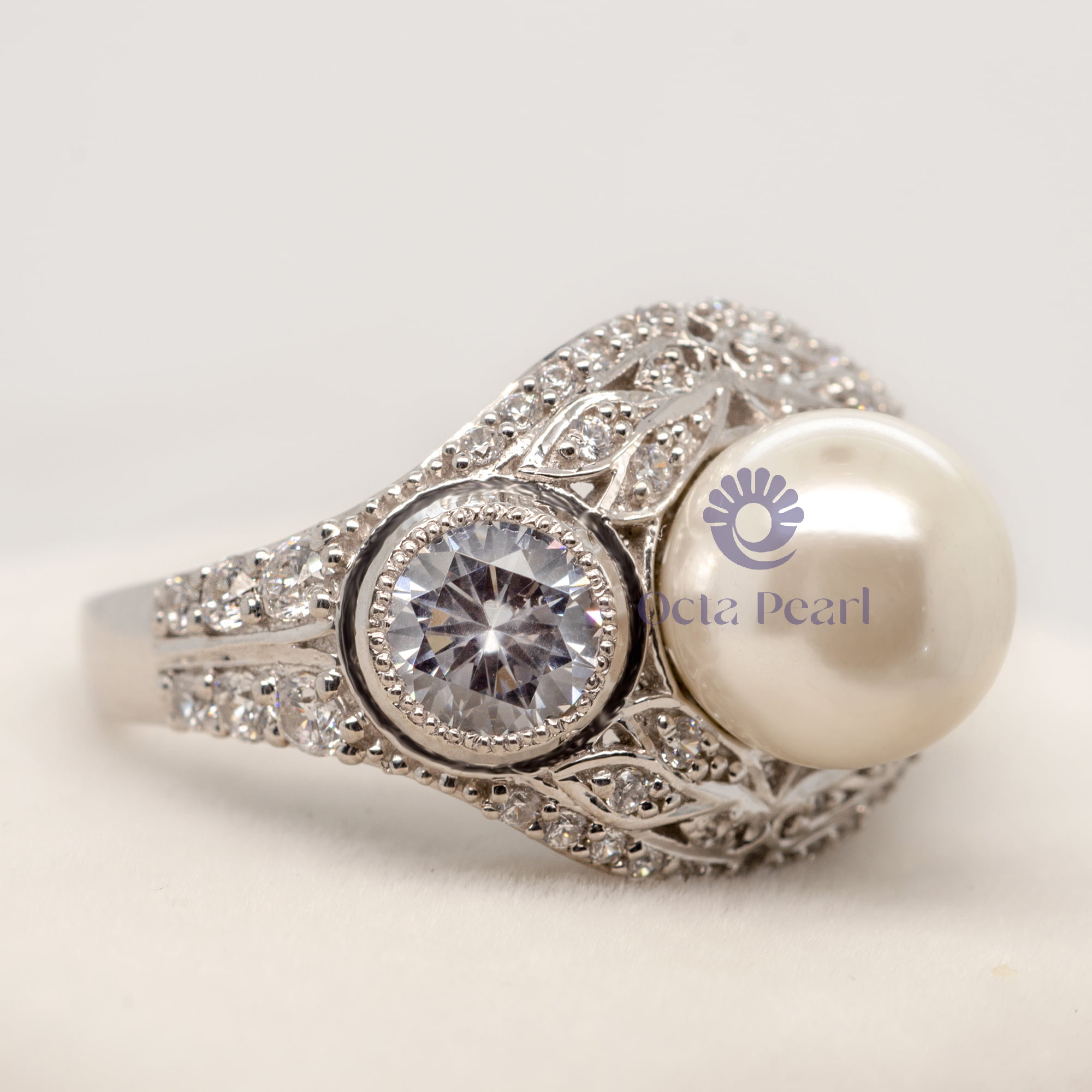 9 MM White Pearl With CZ Round Stone Art Deco Edwardian Wedding Ring For Women