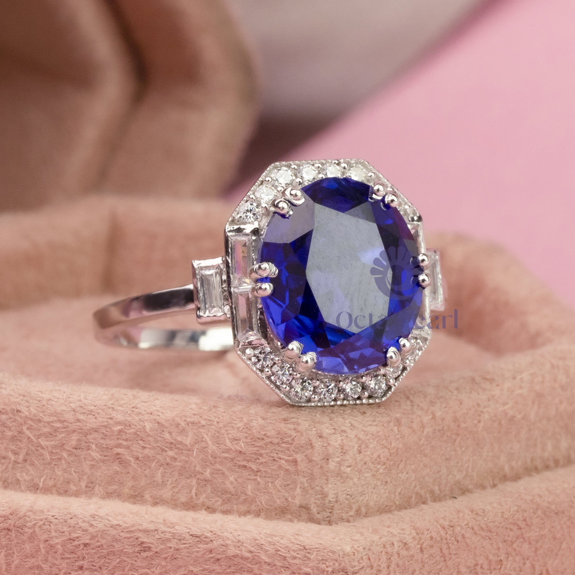 Gorgeous Sapphire Blue Oval With Baguette And Round Cut CZ Stone Art Deco Ring (5 2/3 TCW)