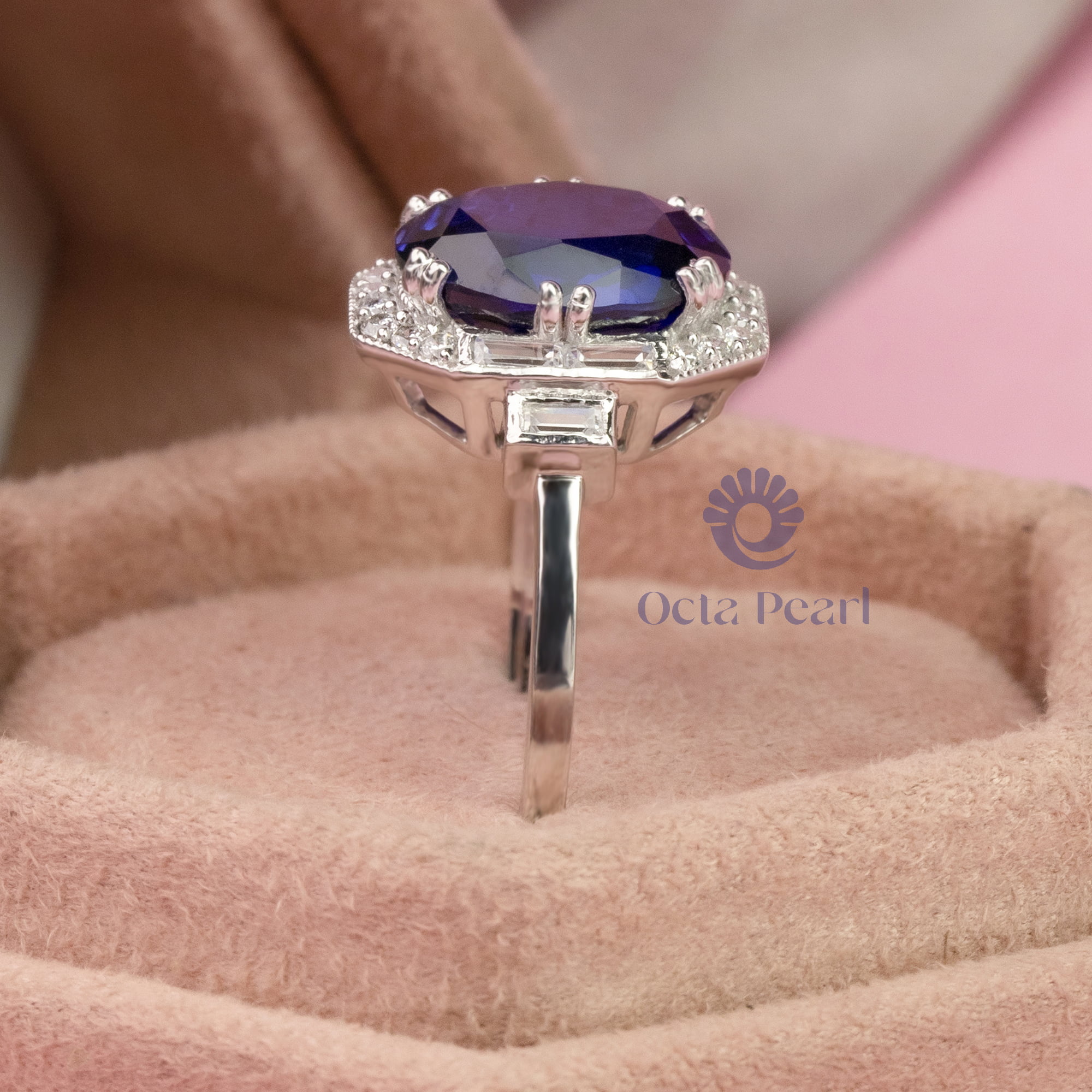 Gorgeous Sapphire Blue Oval With Baguette And Round Cut CZ Stone Art Deco Ring (5 2/3 TCW)