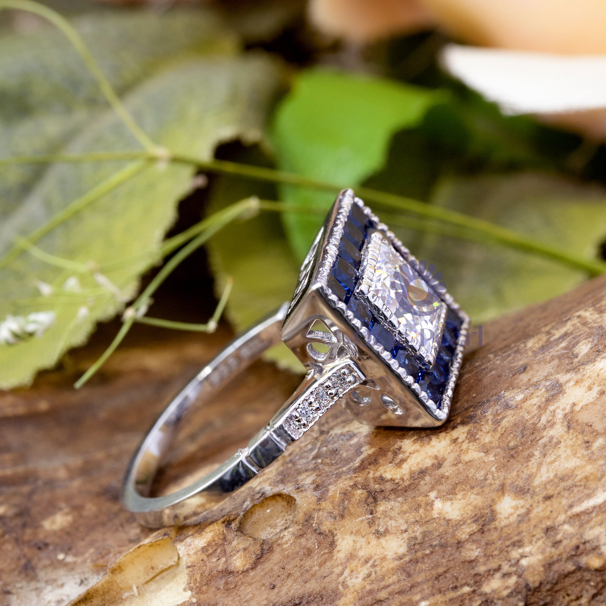 Princess Cut CZ Stone Blue Sapphire Halo Art Deco Style Antique Victorian Vintage Engagement Ring ( 2 3/4 TCW)