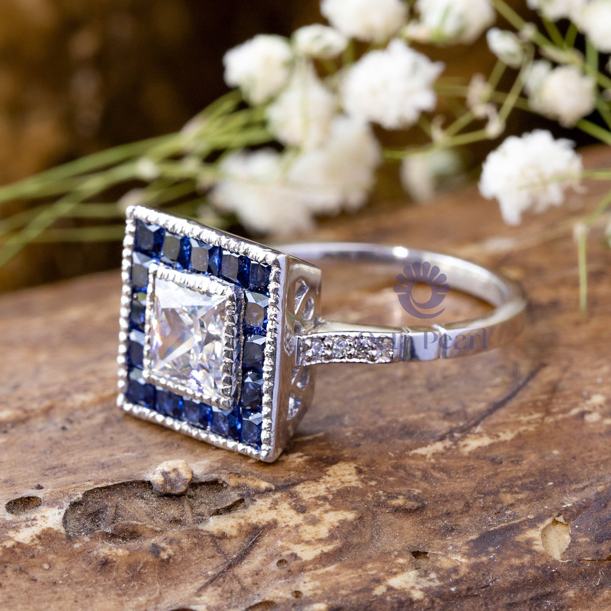 Princess Cut CZ Stone Blue Sapphire Halo Art Deco Style Antique Victorian Vintage Engagement Ring ( 2 3/4 TCW)