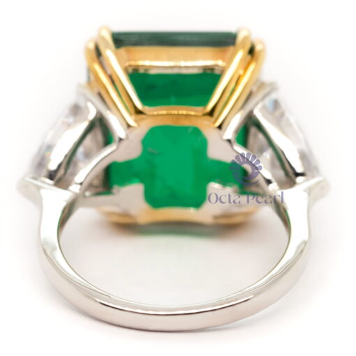 Green Emerald With Trillion Cut White CZ Three Stone Cocktail Ring For Wedding