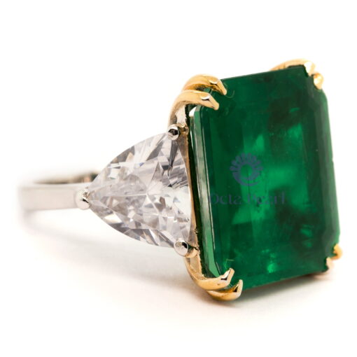 Green Emerald With Trillion Cut White CZ Three Stone Cocktail Ring For Wedding