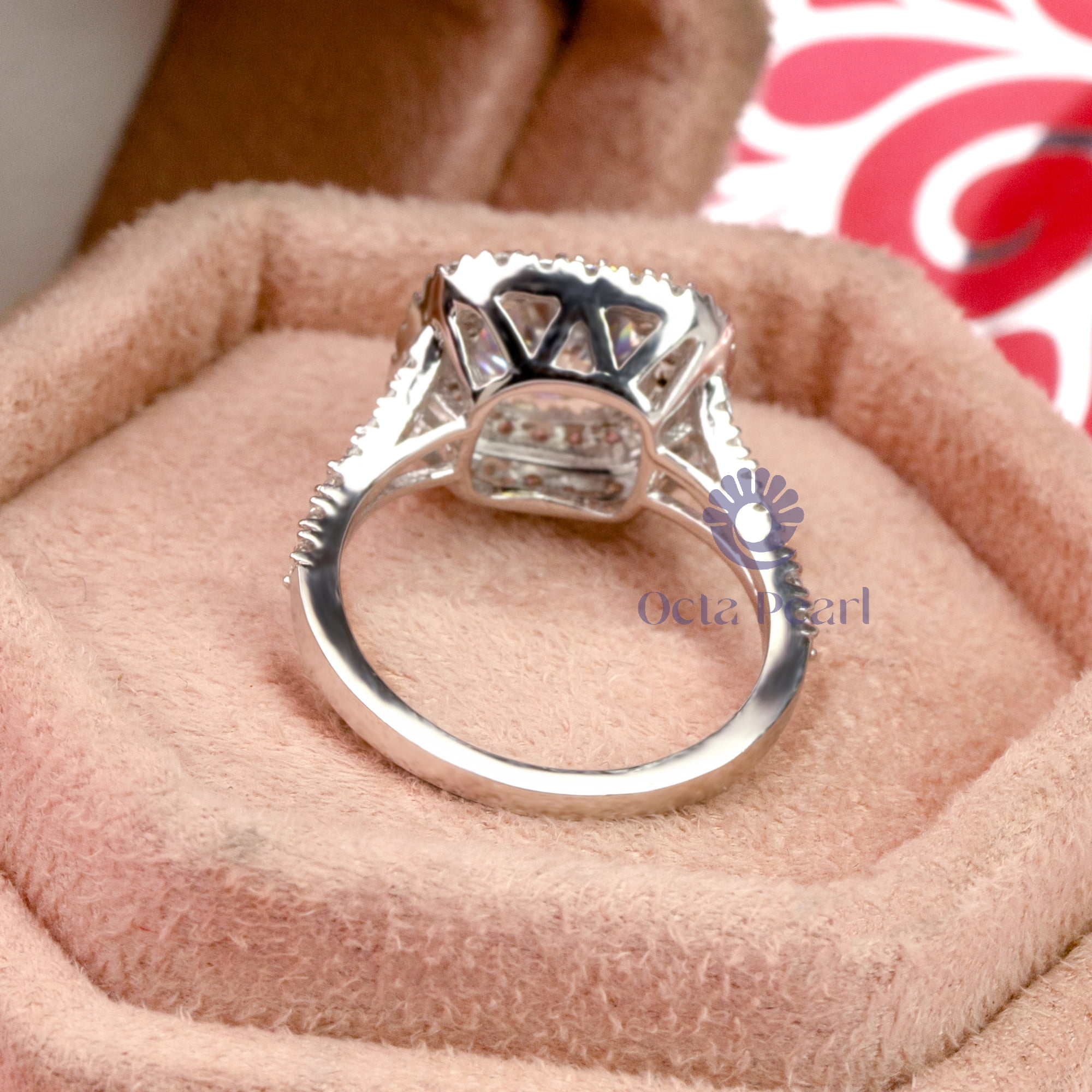 Two Tone Double Halo Round Cut Pink & White CZ Stone Split Shank Women's Wedding Ring ( 2 2/7 TCW)