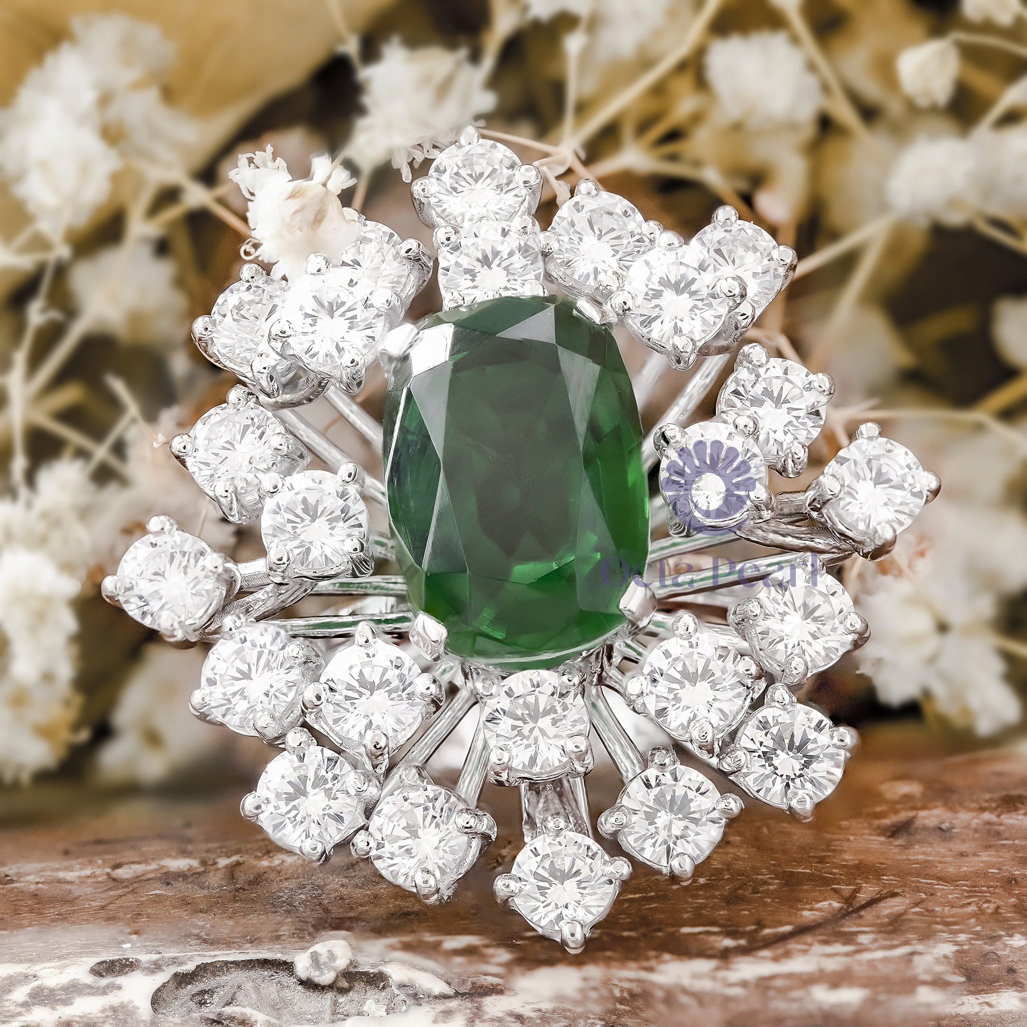Green Cushion Or White Round Cut CZ Stone Cocktail Sunburst Inspire Engagement Ring ( 16 3/10 TCW)