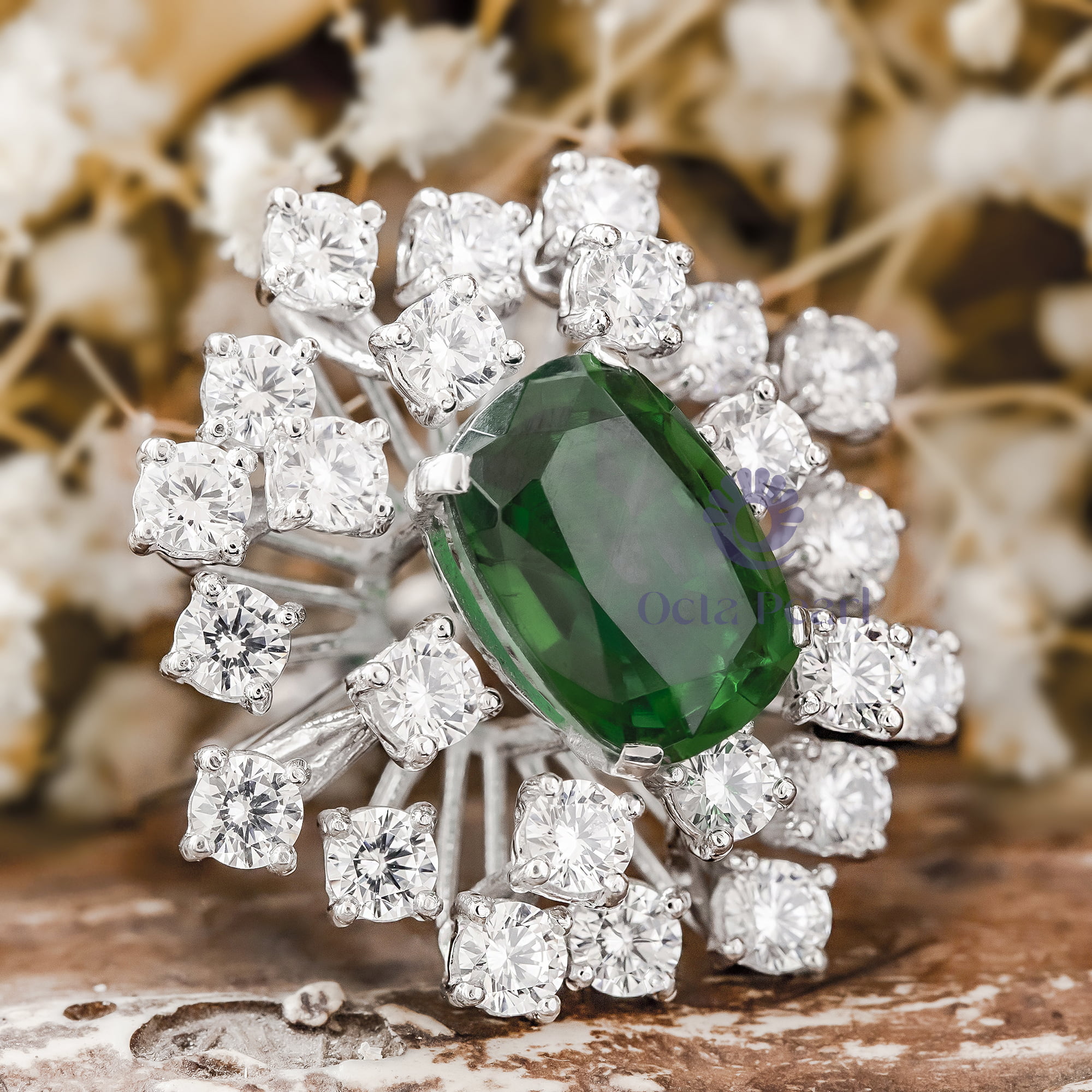 Green Cushion Or White Round Cut CZ Stone Cocktail Sunburst Inspire Engagement Ring ( 16 3/10 TCW)
