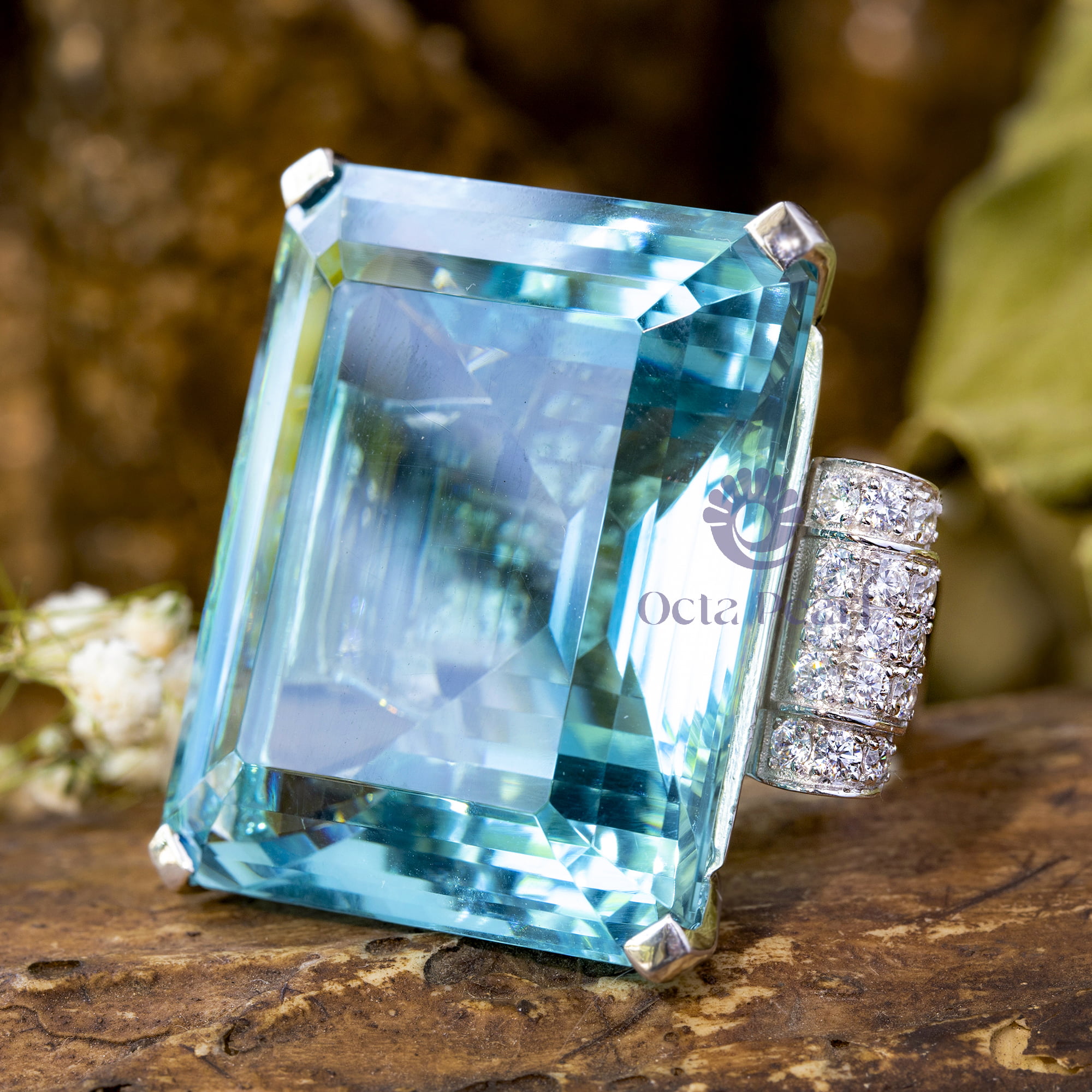 Light Blue Emerald With Round Cut CZ Stone Past Present Future Ring For Engagement