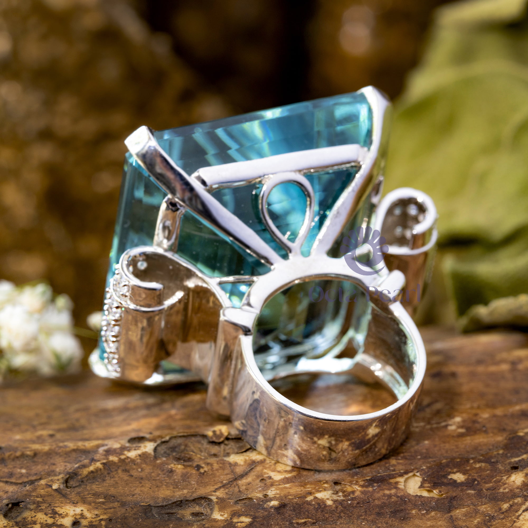 35x30 MM Emerald Cut Aqua CZ Stone Cocktail Wedding Engagement Ring For Ladies